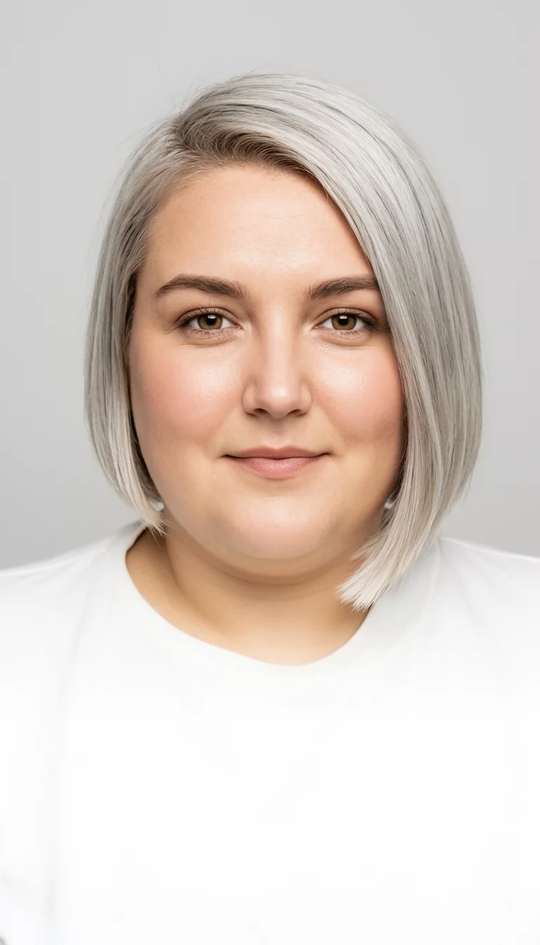 selfie of a 34-year-old plus size Caucasian woman with a chubby face and a straight, narrow nose. Her face skin has smooth, matte texture. The eyes are hazel. She is wearing white with a chic, platinum blonde, asymmetrical bob with a side sweep hairstyle, front view, studio background.