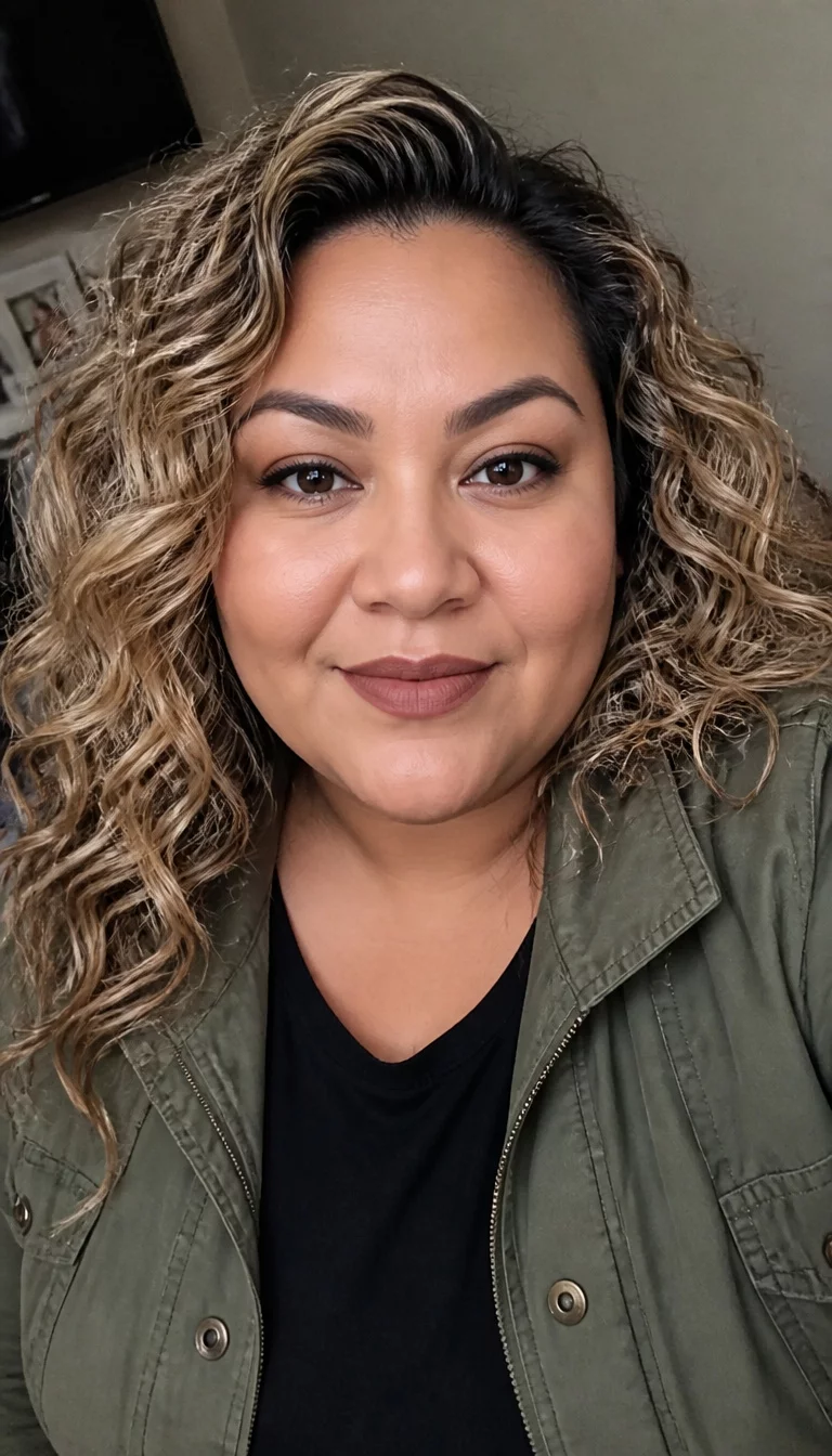Big Curls With Dramatic Dark Roots selfie of a 38-year-old plus size Latina woman with a chubby face and a wide, elegant nose. Her face skin has smooth, matte pores. The eyes are dark brown. She is wearing a black top under an olive green jacket with a voluminous, curly hairstyle with blonde peaks and dark roots hairstyle, front view, indoor background.