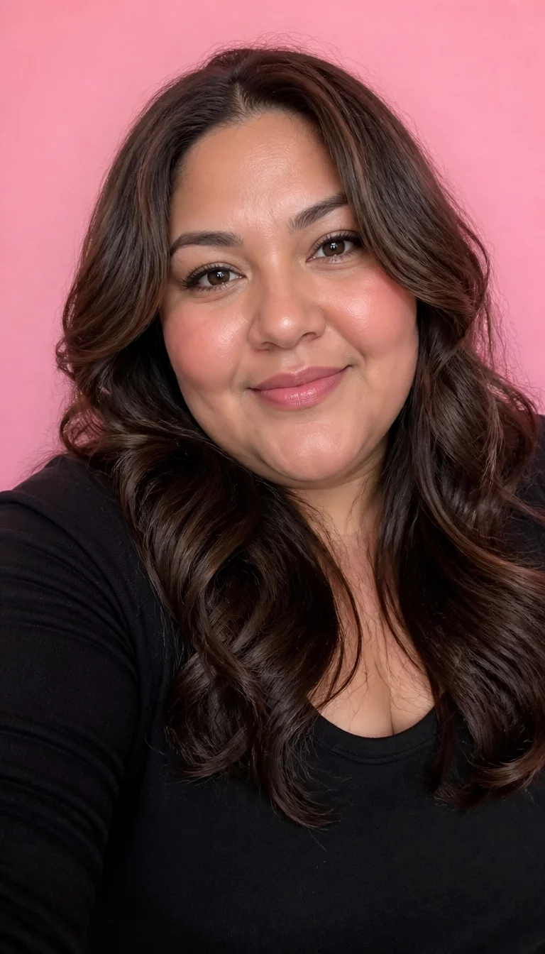 Soft Voluminous Chocolate Waves selfie of a 36-year-old plus size Latina woman with a chubby face and a soft, rounded nose. Her face skin has smooth, glowing texture. The eyes are dark brown. She is wearing a black top with long, dark brown with subtle warm highlights, styled in soft, voluminous waves with face-framing layers hairstyle, front view, pink background.