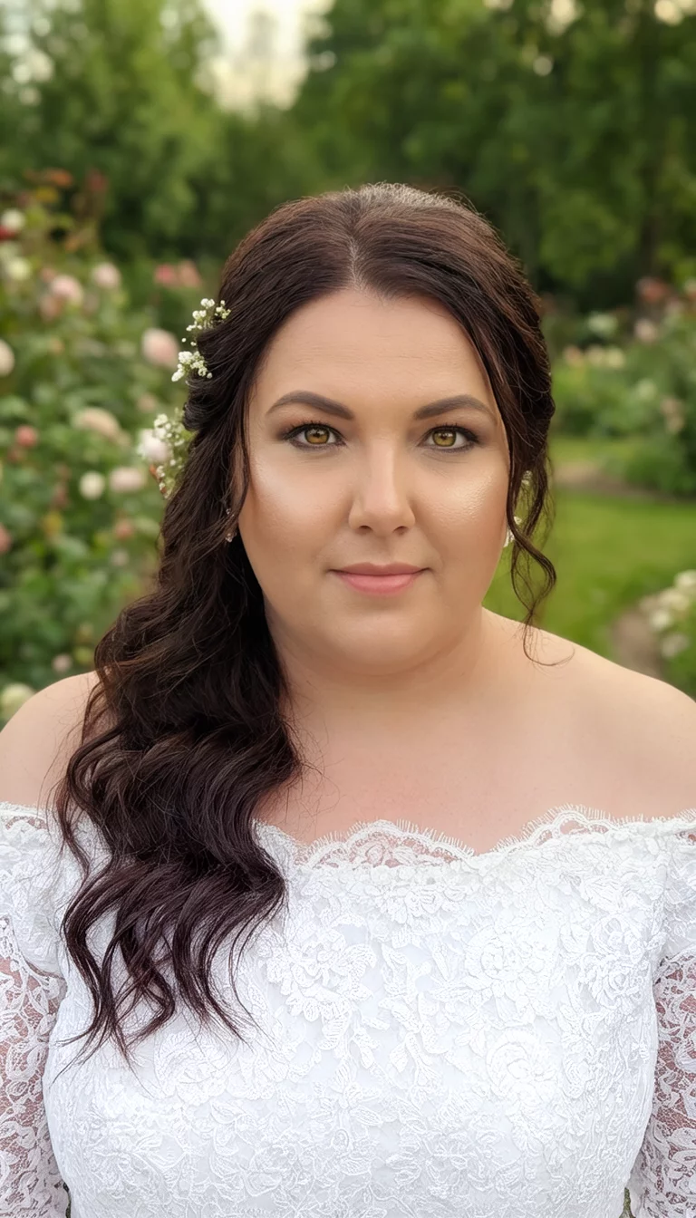 selfie of a 30-year-old plus size Eastern European woman with a chubby face and a thin, elegant nose. Her face skin has a soft, bridal glow. The eyes are hazel. She is wearing a white off-the-shoulder lace dress with long, dark brown, wavy hair styled up on one side with small floral accents hairstyle, front view, garden background.