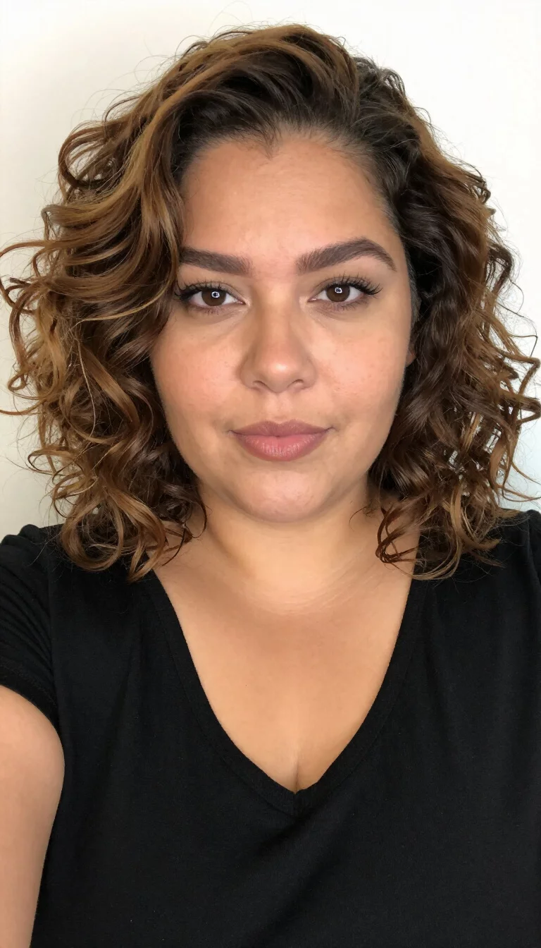 selfie of a 34-year-old plus size Latina woman with a chubby face and a slightly rounded nose. Her face skin has matte pores. The eyes are warm brown. She is wearing a black v-neck top with a shoulder-length bob with voluminous, tightly curled layers in a brown and blonde balayage hairstyle, front view, plain white background.