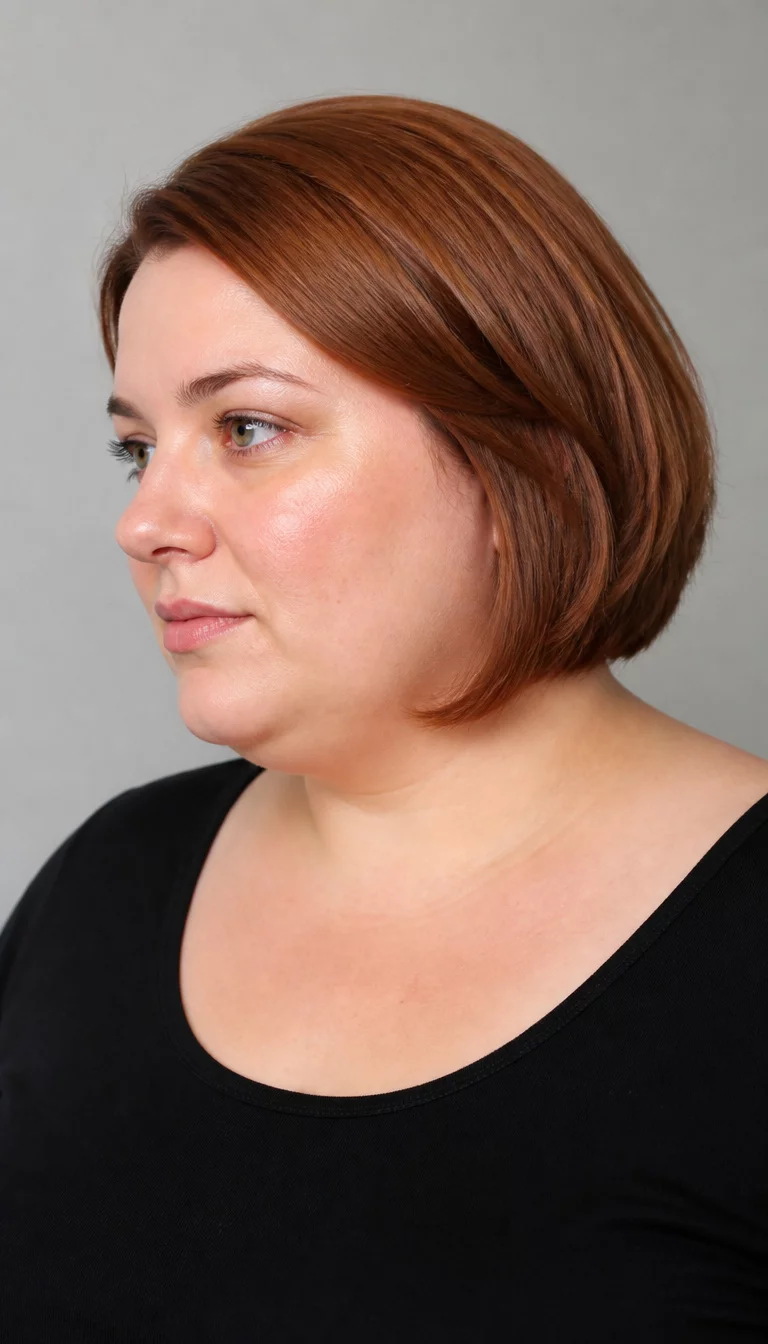 The Copper Bob Contrast casual photo of a 31-year-old plus size Caucasian woman with a chubby face and a delicate, straight nose. Her face skin has natural skin texture. The eyes are green. She is wearing a simple top with a copper-toned bob hairstyle, side view, studio background.