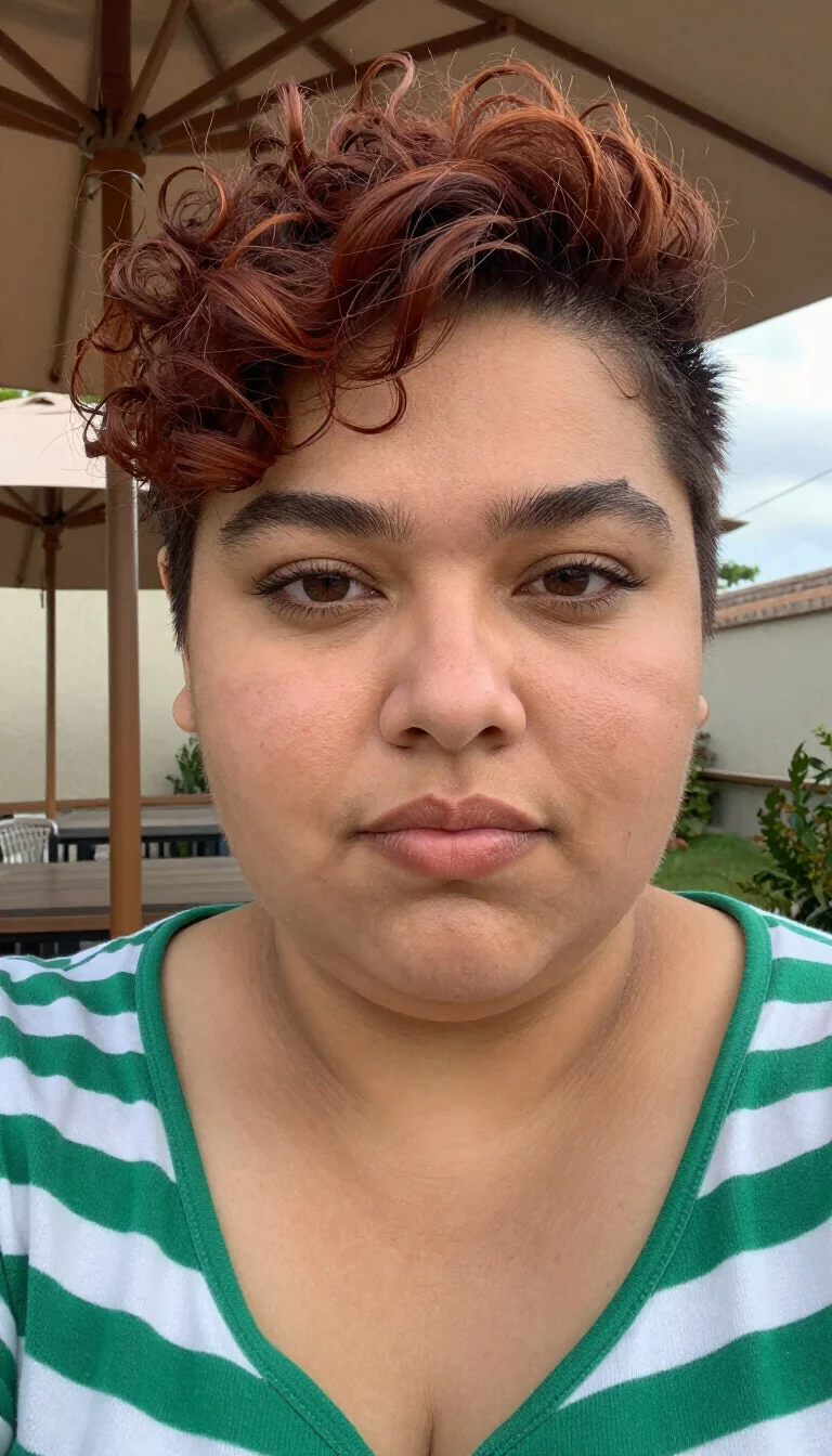 selfie of a 33-year-old plus size Latina woman with a chubby face and a slightly flared nose. Her face skin has natural skin texture. The eyes are brown. She is wearing a green and white striped top with a short, buzzed haircut on the sides with textured curly hair on top in a reddish-brown hue hairstyle, front view, outdoor background with an umbrella.