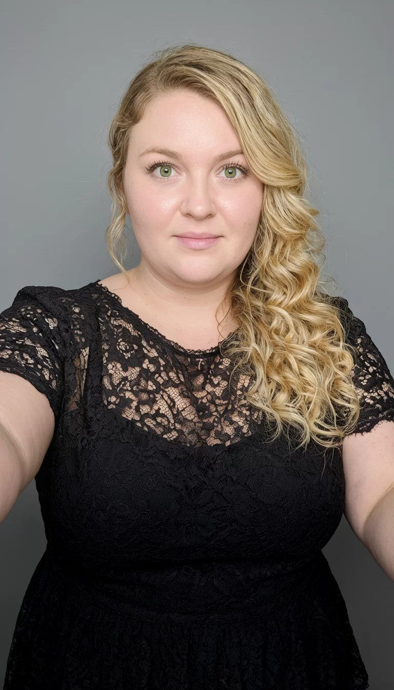 selfie of a 36-year-old plus size Caucasian woman with a chubby face and a delicate, straight nose. Her face skin has smooth, refined pores. The eyes are green. She is wearing a black lace dress with blonde, curly hair styled to one side hairstyle, front view, simple grey background.
