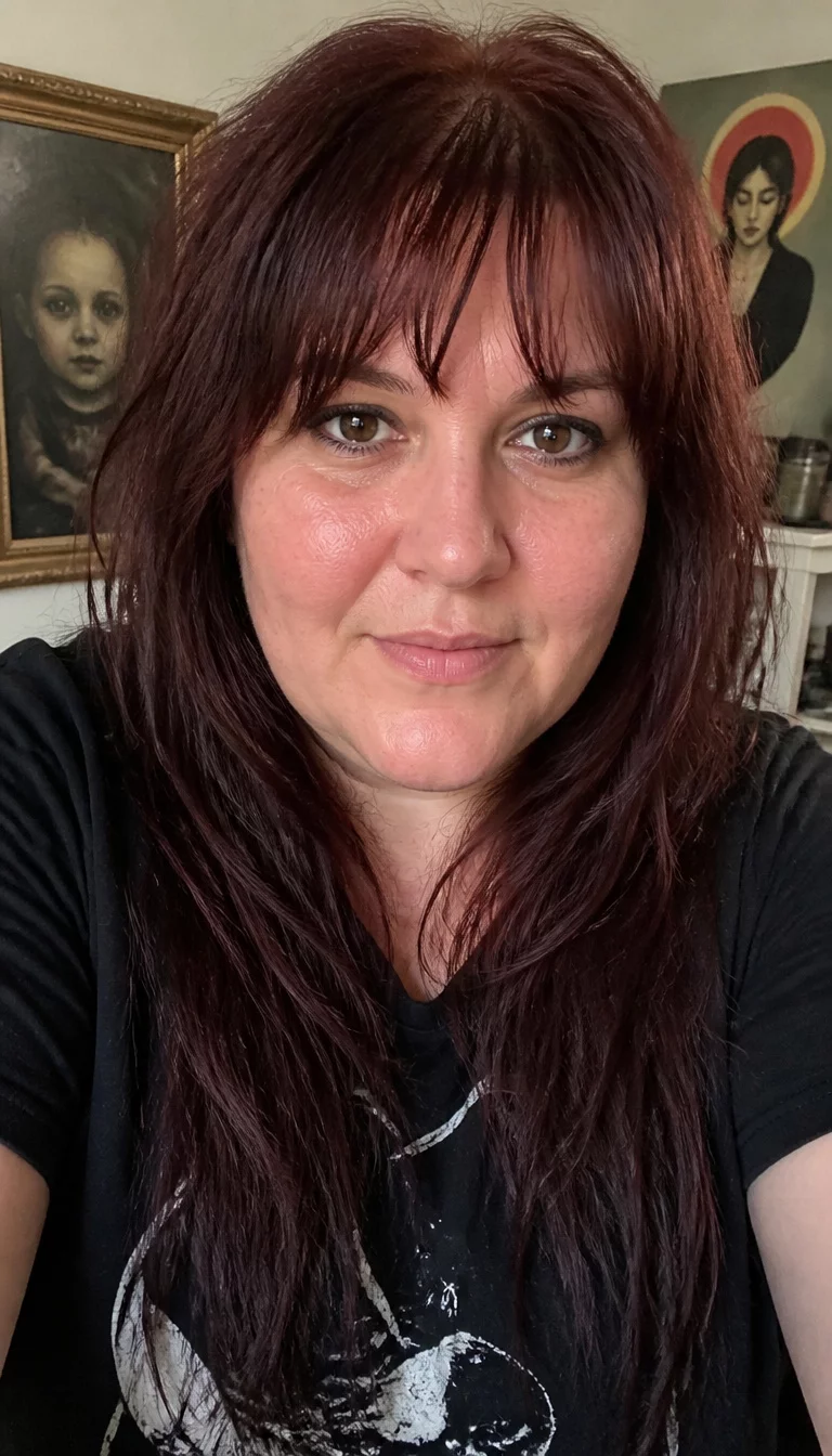 Dark Cherry Shag With Full Fringe selfie of a 39-year-old plus size Caucasian woman with a chubby face and a straight, prominent nose. Her face skin has natural texture and matte pores. The eyes are brown. She is wearing a black t-shirt with long, dark reddish-brown, heavily layered with a fringe hairstyle, front view, indoor background with art.