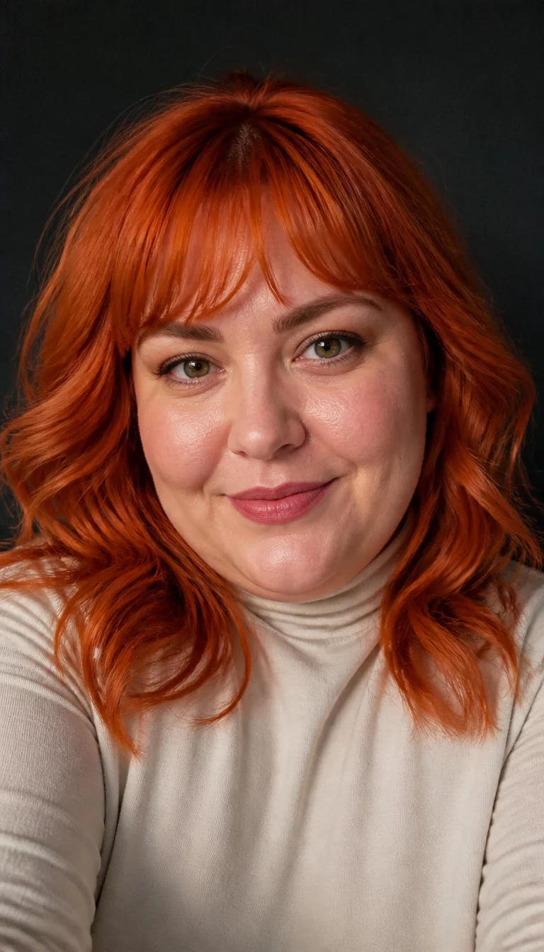 Fiery Orange Waves With Fringe selfie of a 33-year-old plus size Caucasian woman with a chubby face and a straight, tapered nose. Her face skin has natural skin texture. The eyes are hazel. She is wearing a light-colored turtleneck with a vibrant, fiery orange, styled in loose, medium-length waves with a fringe hairstyle, front view, dark background.