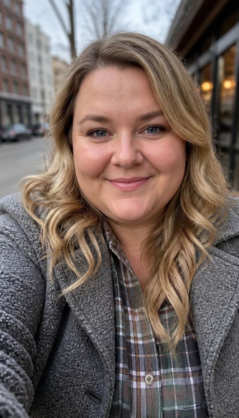 Urban Blonde Waves And Texture selfie of a 30-year-old plus size Caucasian woman with a chubby face and a short, rounded nose. Her face skin has natural pores and a light glow. The eyes are blue. She is wearing a grey textured coat over a plaid shirt with blonde, wavy hairstyle, front view, blurred urban background.