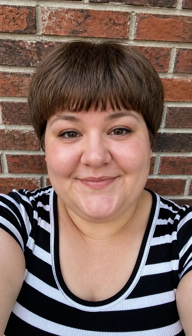 Classically Sweet Brown Bowl Cut selfie of a 31-year-old plus size Caucasian woman with a chubby face and a small, button nose. Her face skin has visible, clear pores. The eyes are brown. She is wearing a black and white striped top with short, light brown hair styled in a bowl cut with a fringe hairstyle, front view, brick wall background.