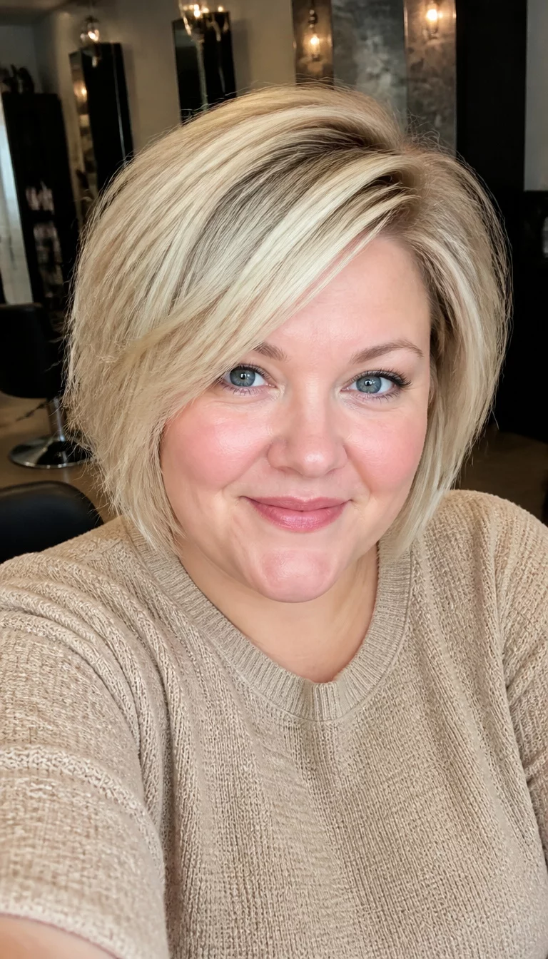 Voluminous Blonde Salon Blowout selfie of a 35-year-old plus size Caucasian woman with a chubby face and a soft, straight nose. Her face skin has natural, bright texture. The eyes are blue. She is wearing a tan, textured sweater with short, blonde hair styled with volume and a side-swept fringe hairstyle, front view, salon background.