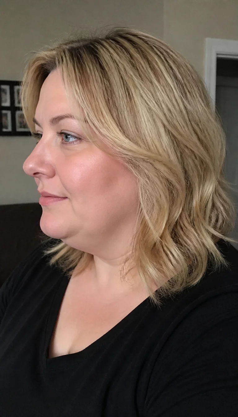 Classic Blonde Layered Bob casual photo of a 37-year-old plus size Caucasian woman with a chubby face and a refined, straight nose. Her face skin has smooth, mature skin texture. The eyes are blue. She is wearing a black top with a medium-length, layered blonde bob with subtle waves hairstyle, side view, indoor background.