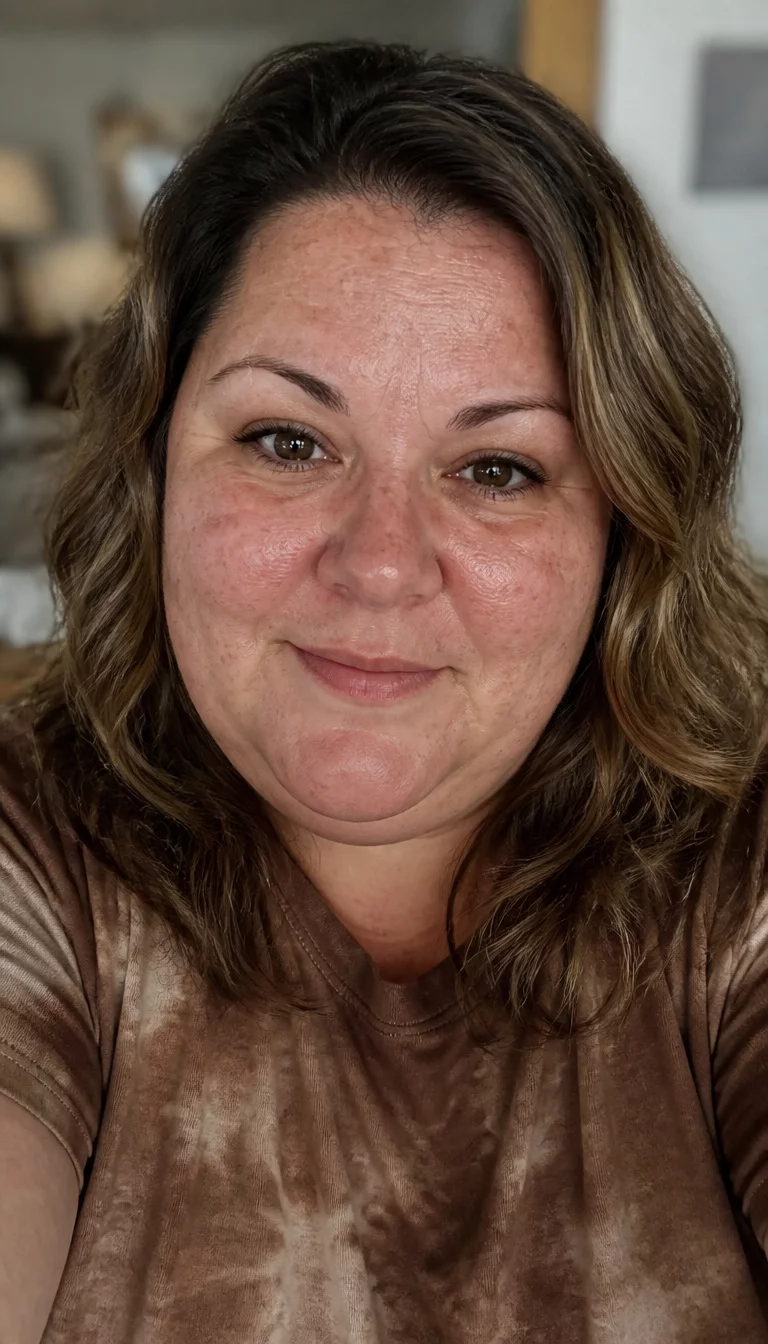 Highlights And Heat selfie of a 42-year-old plus size Caucasian woman with a chubby face and a rounded nose. The skin is heavily textured with a complex pattern of sun damage and a faint, thin scar traversing the left eyebrow. The eyes are brown. She is wearing a brown tie-dye t-shirt with a medium-length, wavy brown hair with blonde highlights hairstyle, front view, blurred background.