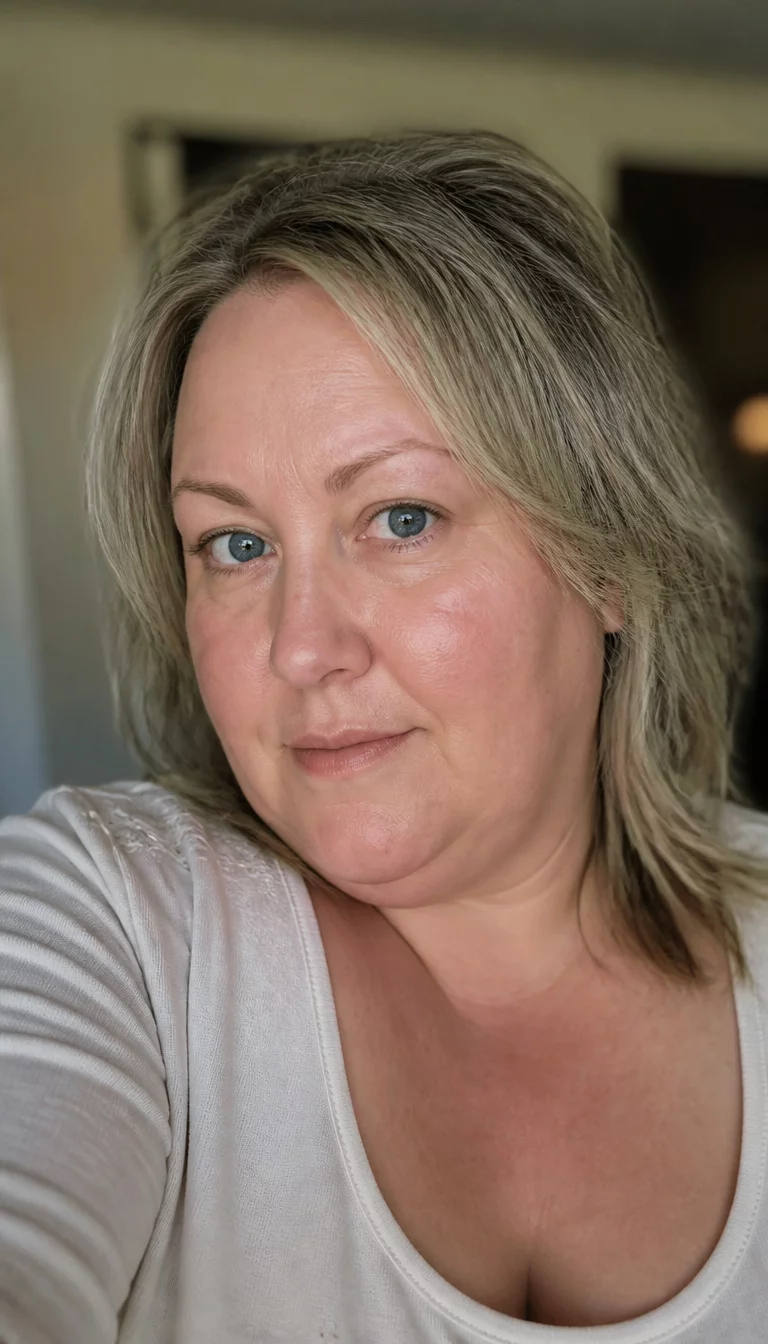 Layered Cream Tones selfie of a 45-year-old plus size Caucasian woman with a chubby face and a narrow, straight nose. The skin is heavily textured with a complex pattern of uneven skin tone and a faint, thin scar traversing the left eyebrow. The eyes are wide set blue. She is wearing a cream-colored top with a shoulder-length, layered, grey and blonde hairstyle, three-quarter view, blurred background.