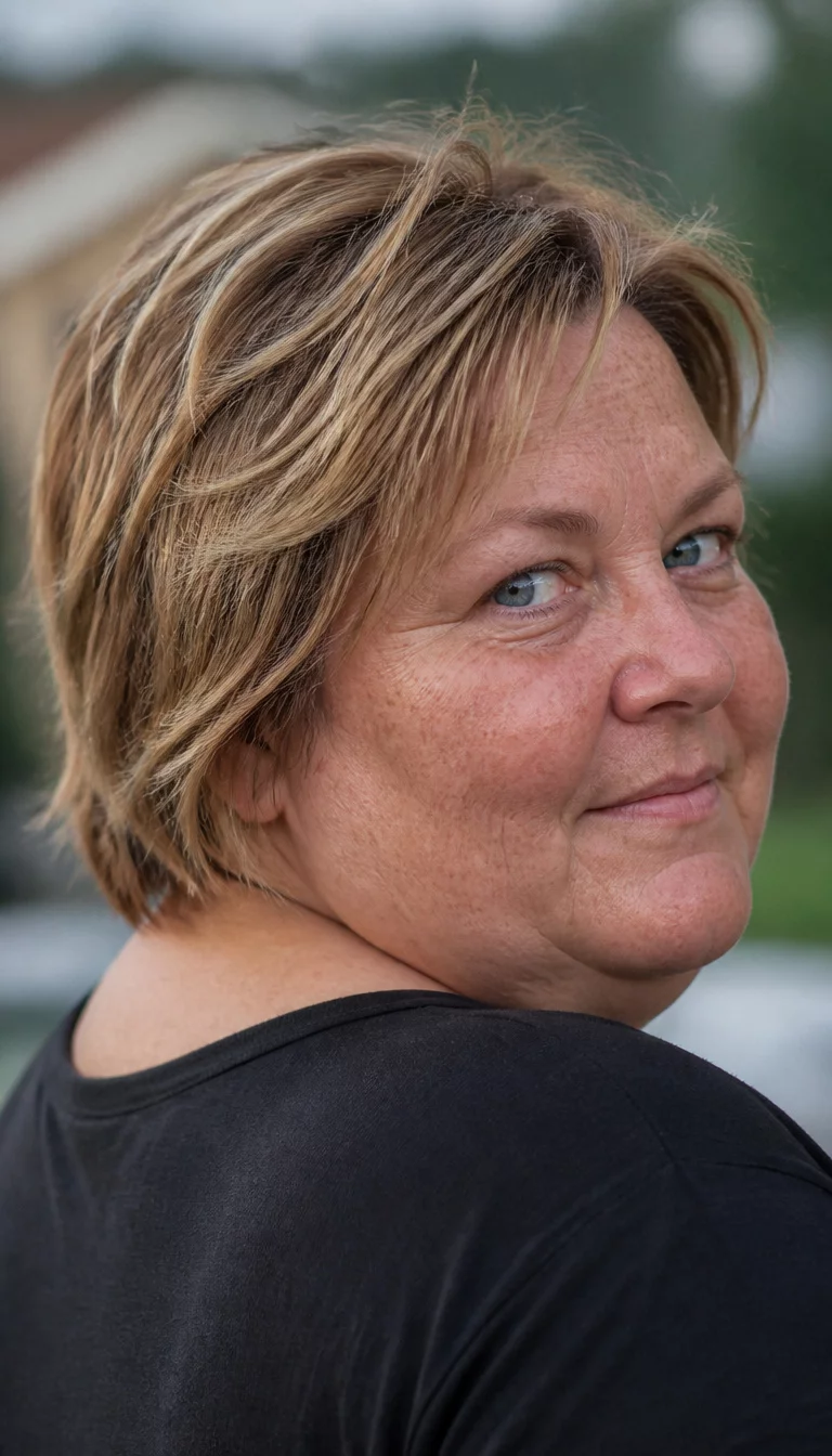casual photo of a 48-year-old plus size Caucasian woman with a chubby face and a soft nose. The skin is heavily textured with a complex pattern of freckles and a faint, thin scar traversing the left eyebrow. The eyes are blue. She is wearing a dark top with a short, layered, brown and blonde hairstyle, back view, blurred background.