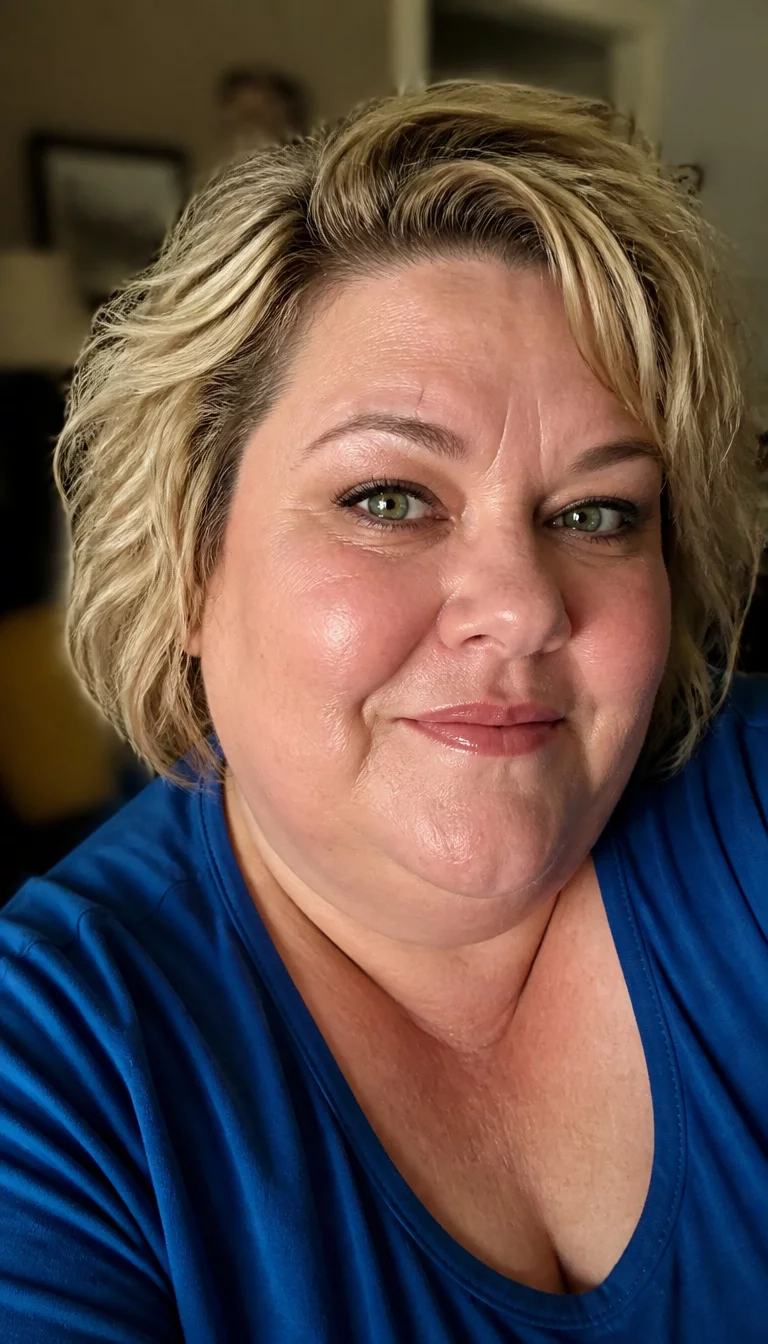 Wavy Blonde Pixie selfie of a 49-year-old plus size Caucasian woman with a chubby face and a petite, upturned nose. The skin is heavily textured with a complex pattern of enlarged pores on the chin and a faint, thin scar traversing the left eyebrow. The eyes are bright green. She is wearing a blue top with a short, blonde, wavy hairstyle, three-quarter view, blurry background.