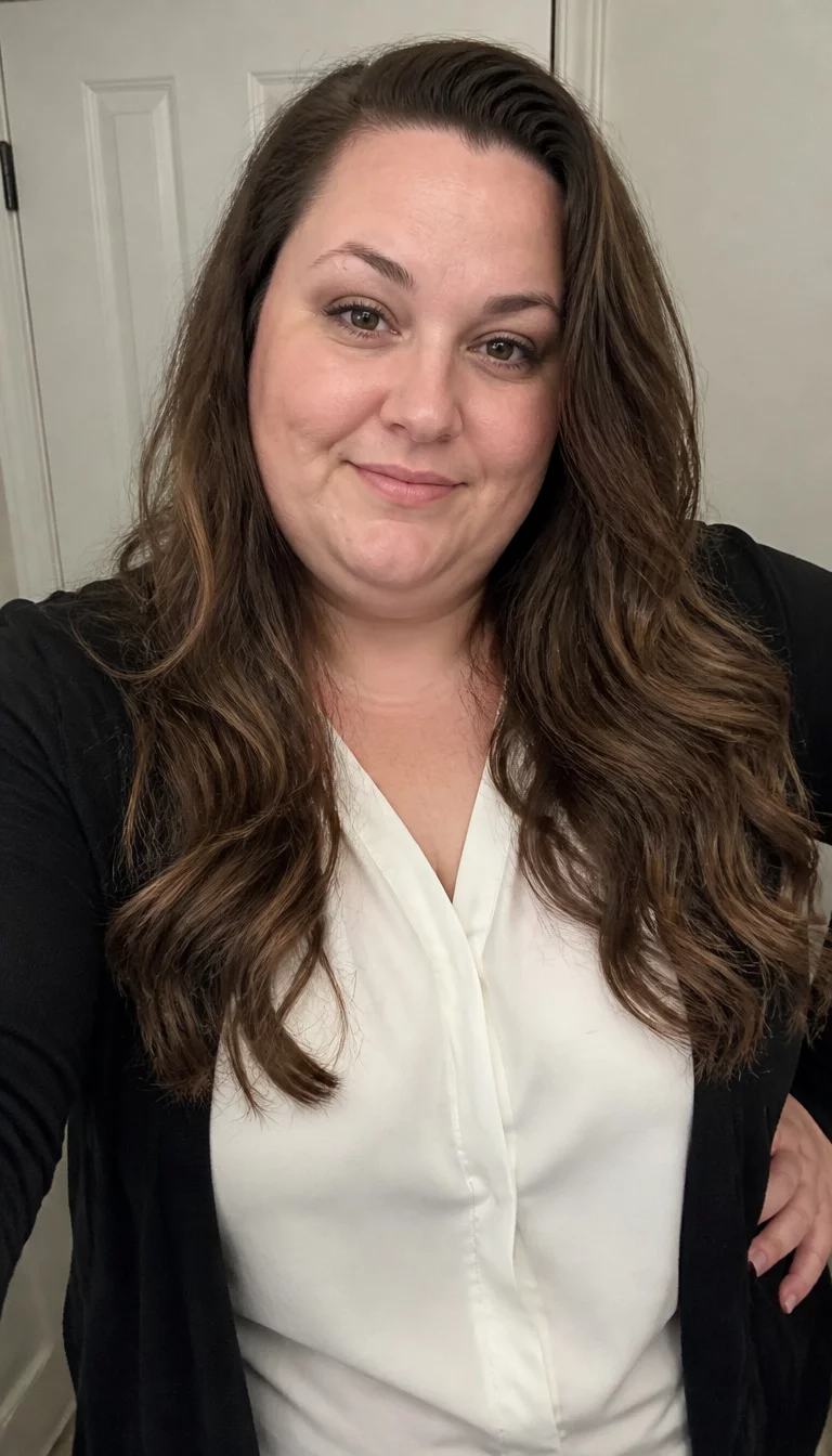 The Polished Professional selfie of a 40-year-old plus size Caucasian woman with a chubby face and a delicate nose. The skin is heavily textured with a complex pattern of light acne scarring on the jaw and a faint, thin scar traversing the left eyebrow. The eyes are deep-set brown. She is wearing a white blouse and a black cardigan with a long, wavy brown hair hairstyle, front view, posing with hands on hips.