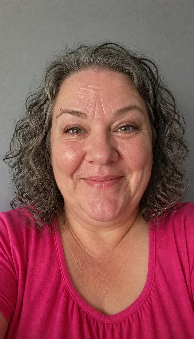 Curly Grey Crown selfie of a 46-year-old plus size Caucasian woman with a chubby face and a wide, friendly nose. The skin is heavily textured with a complex pattern of deep smile lines and a faint, thin scar traversing the left eyebrow. The eyes are sparkling hazel. She is wearing a bright pink top with a grey, curly, shoulder-length hairstyle, front view, plain grey wall.