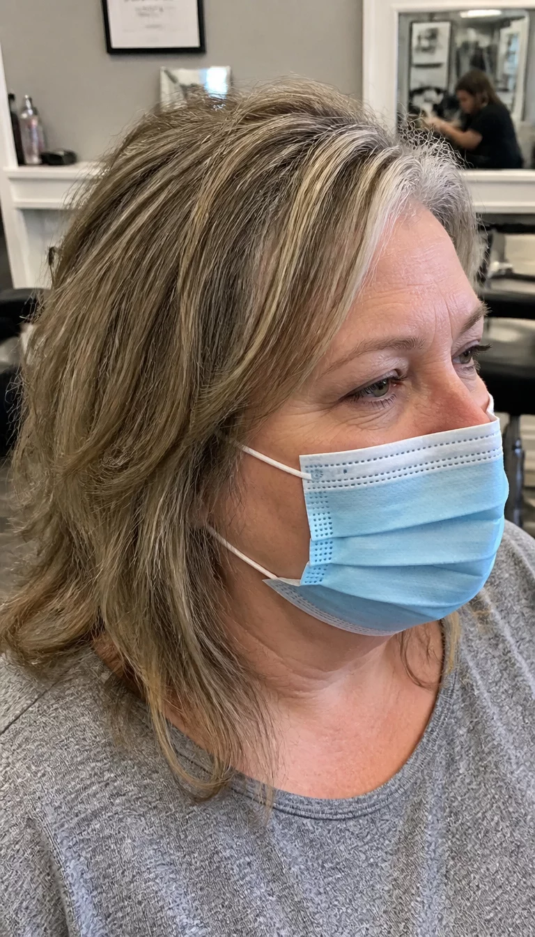 casual photo of a 47-year-old plus size Caucasian woman with a chubby face and a straight, prominent nose. The skin is heavily textured with a complex pattern of fine lines around the eyes and a faint, thin scar traversing the left eyebrow. The eyes are hooded grey. She is wearing a light blue mask and grey top with a layered, grey and blonde hairstyle, side view, salon background.