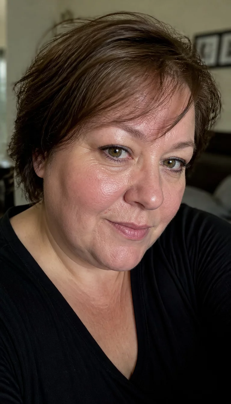 The Brunette Fringe selfie of a 47-year-old plus size Caucasian woman with a chubby face and a button nose. The skin is heavily textured with a complex pattern of fine lines and a faint, thin scar traversing the left eyebrow. The eyes are hazel. She is wearing a black top with a short, brown, layered haircut with bangs hairstyle, three-quarter view, blurred background.