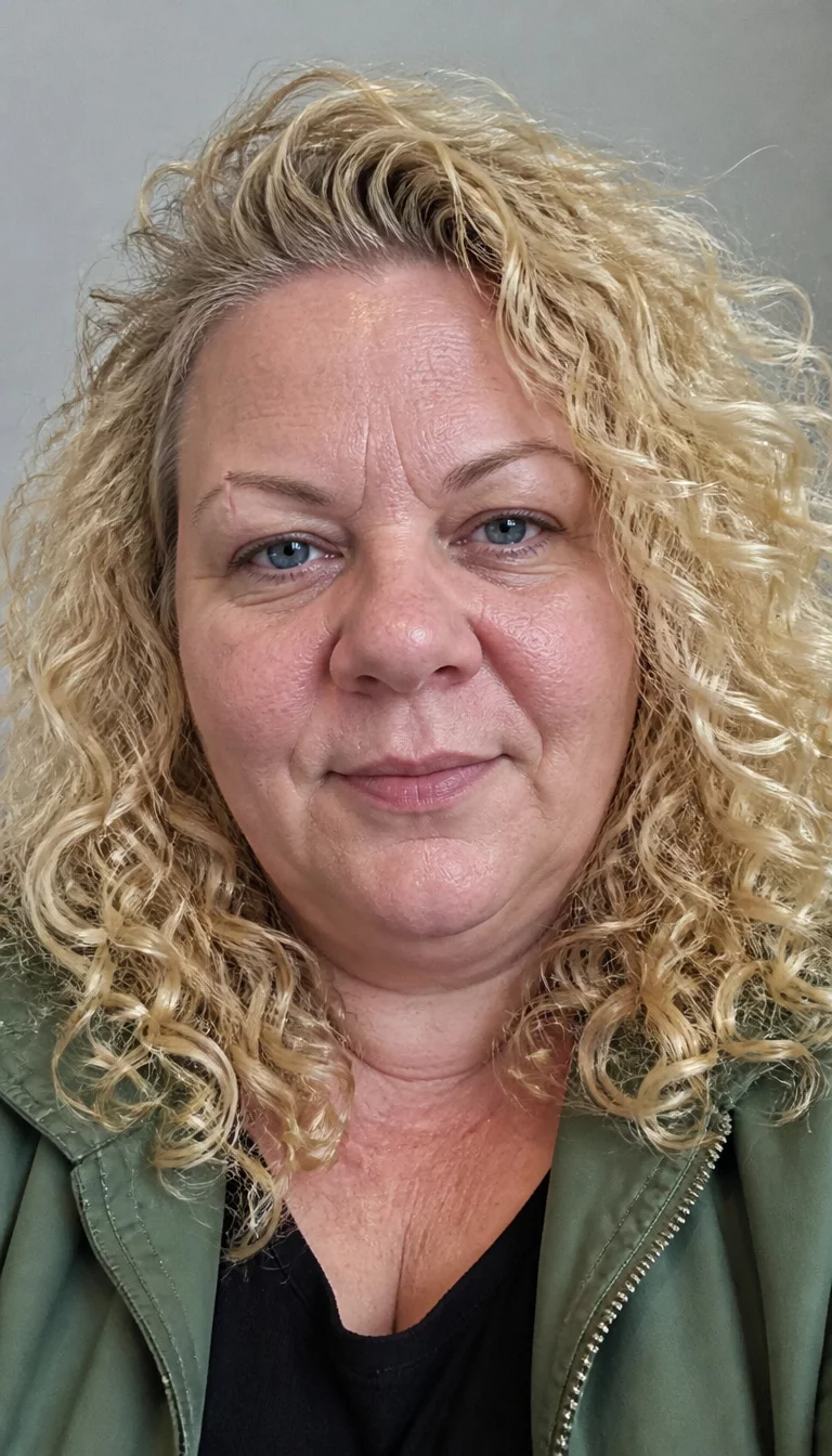 Voluminous Green Jacket Curls selfie of a 45-year-old plus size Caucasian woman with a chubby face and a slightly flared nose. The skin is heavily textured with a complex pattern of deep pores and a faint, thin scar traversing the left eyebrow. The eyes are blue. She is wearing a green jacket over a black top with a voluminous, blonde curly hair hairstyle, front view, plain background.