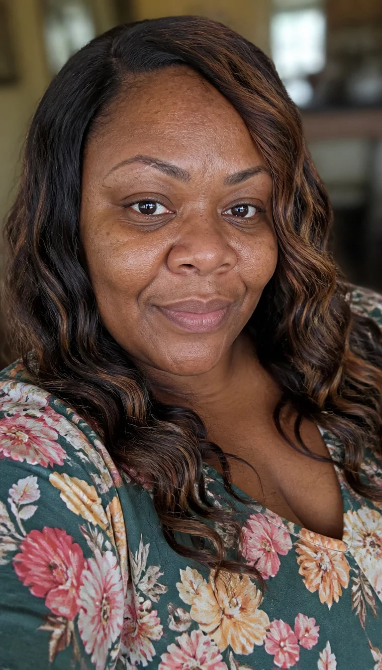 Warm Tonal Transitions selfie of a 41-year-old plus size Black woman with a chubby face and a wide nose. The skin is heavily textured with a complex pattern of dark spots and a faint, thin scar traversing the left eyebrow. The eyes are dark brown. She is wearing a floral-patterned top with a long, wavy, dark brown hair with lighter brown highlights hairstyle, three-quarter view, blurred background.