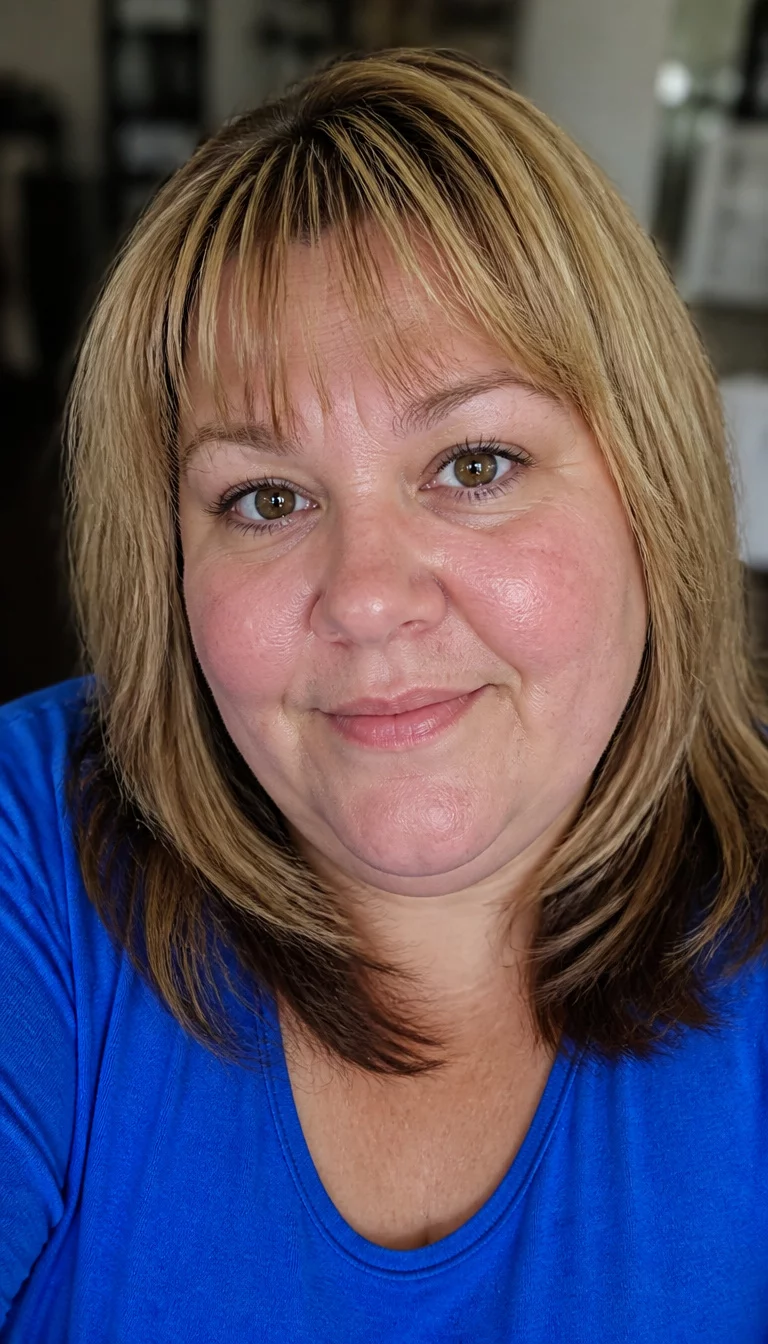 selfie of a 41-year-old plus size Caucasian woman with a chubby face and a button nose. The skin is heavily textured with a complex pattern of pinkish undertones and a faint, thin scar traversing the left eyebrow. The eyes are large brown. She is wearing a bright blue top with a blonde and brown layers in her shoulder-length hair and bangs hairstyle, front view, blurred background.