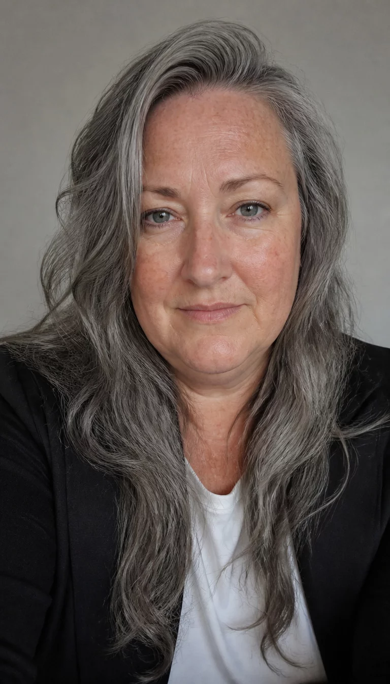 The Power Blazer Wave selfie of a 48-year-old plus size Caucasian woman with a chubby face and a long, elegant nose. The skin is heavily textured with a complex pattern of weathered texture from the sun and a faint, thin scar traversing the left eyebrow. The eyes are calm grey. She is wearing a black blazer over a white t-shirt with a long, wavy, grey hair hairstyle, front view, plain background.