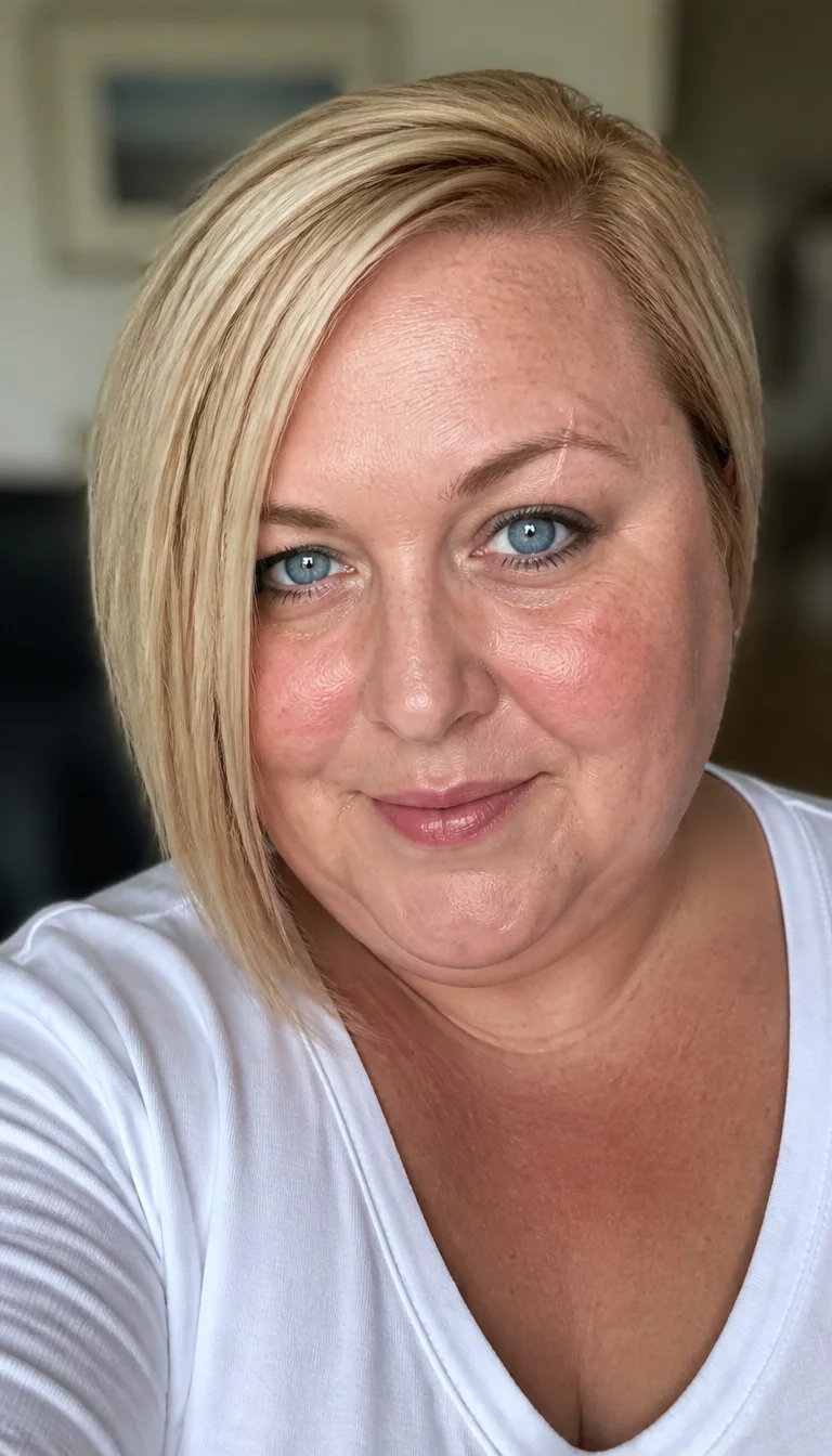 selfie of a 43-year-old plus size Caucasian woman with a chubby face and a narrow nose. The skin is heavily textured with a complex pattern of faint pigmentation and a faint, thin scar traversing the left eyebrow. The eyes are bright blue. She is wearing a white top with a blonde, asymmetric bob haircut hairstyle, front view, blurred background.