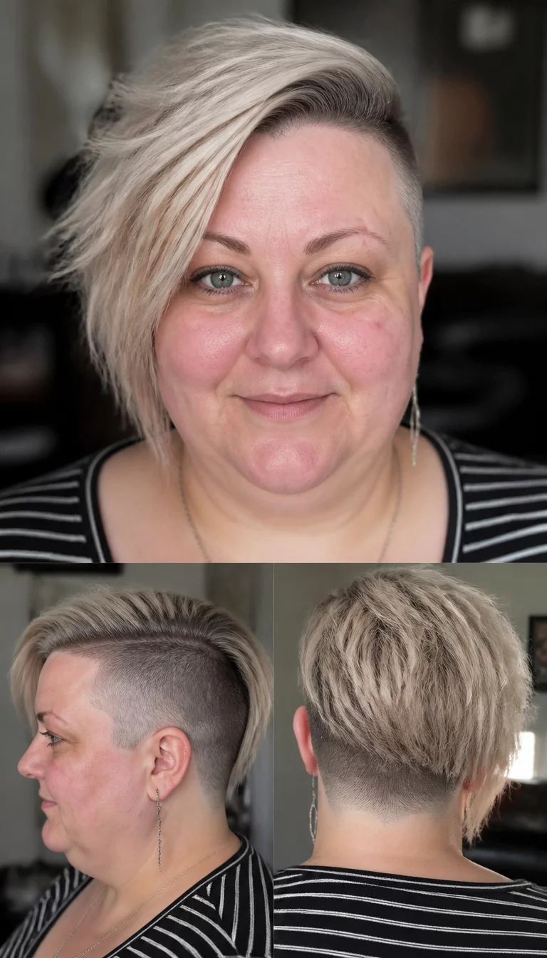 The Bold Undercut casual photo of a 44-year-old plus size Caucasian woman with a chubby face and a sharp nose. The skin is heavily textured with a complex pattern of pink spots and a faint, thin scar traversing the left eyebrow. The eyes are grey. She is wearing a striped top with an edgy, blonde, and grey undercut hairstyle, collage showing front, side, and back views, blurred background.
