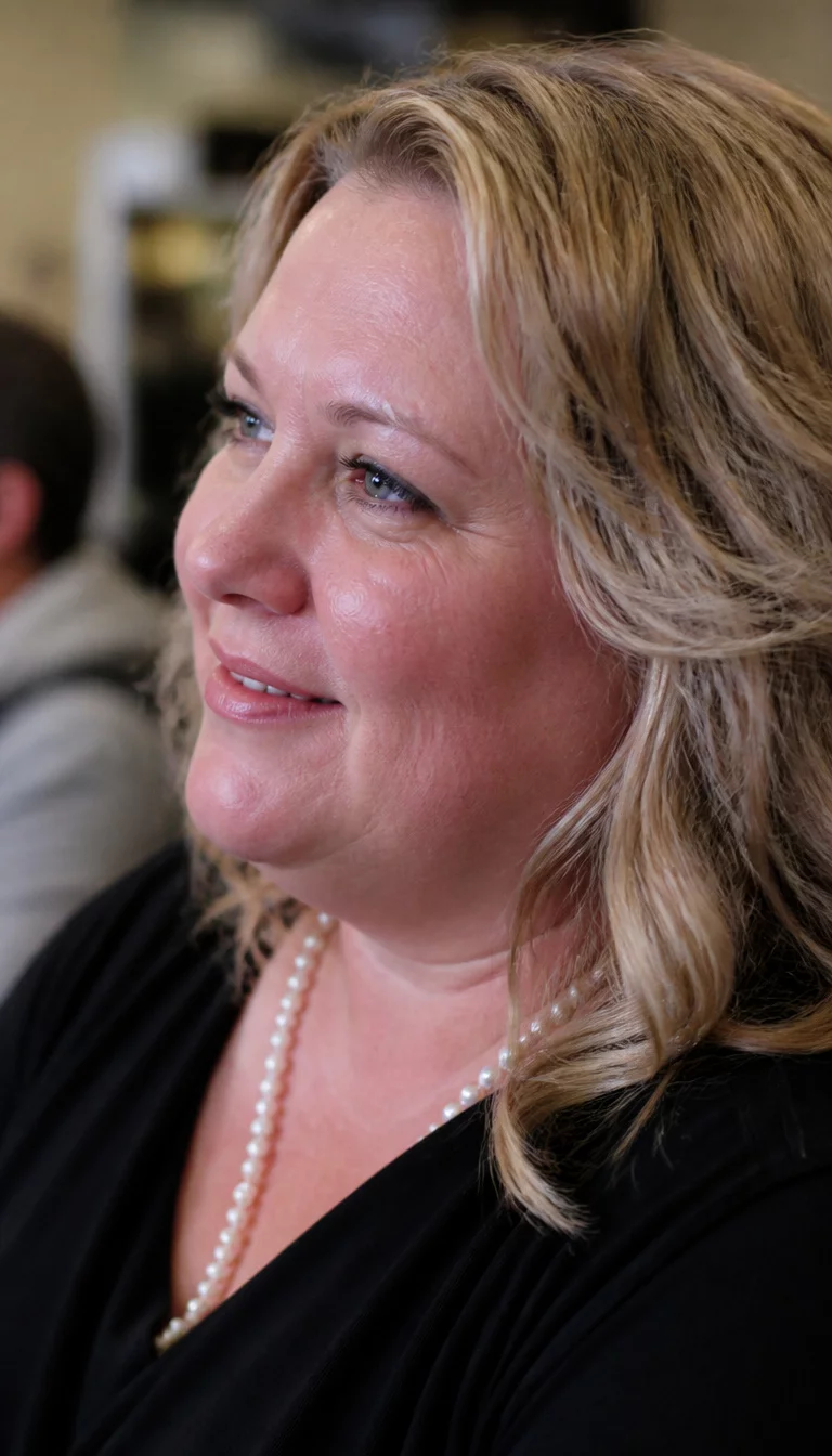 casual photo of a 44-year-old plus size Caucasian woman with a chubby face and a soft, rounded nose. The skin is heavily textured with a complex pattern of fine dehydration lines and a faint, thin scar traversing the left eyebrow. The eyes are smiling blue. She is wearing a black top and pearl necklace with a blonde, wavy, shoulder-length hairstyle, side view, blurred background.