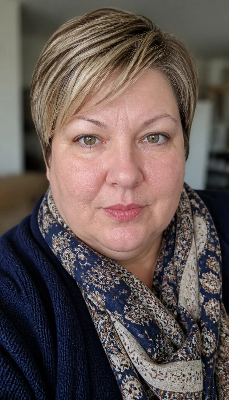 The Textured Scarf Look selfie of a 46-year-old plus size Caucasian woman with a chubby face and a straight nose. The skin is heavily textured with a complex pattern of dry patches and a faint, thin scar traversing the left eyebrow. The eyes are hazel. She is wearing a dark blue cardigan and a patterned scarf with a short blonde and brown layered haircut hairstyle, front view, blurred background.