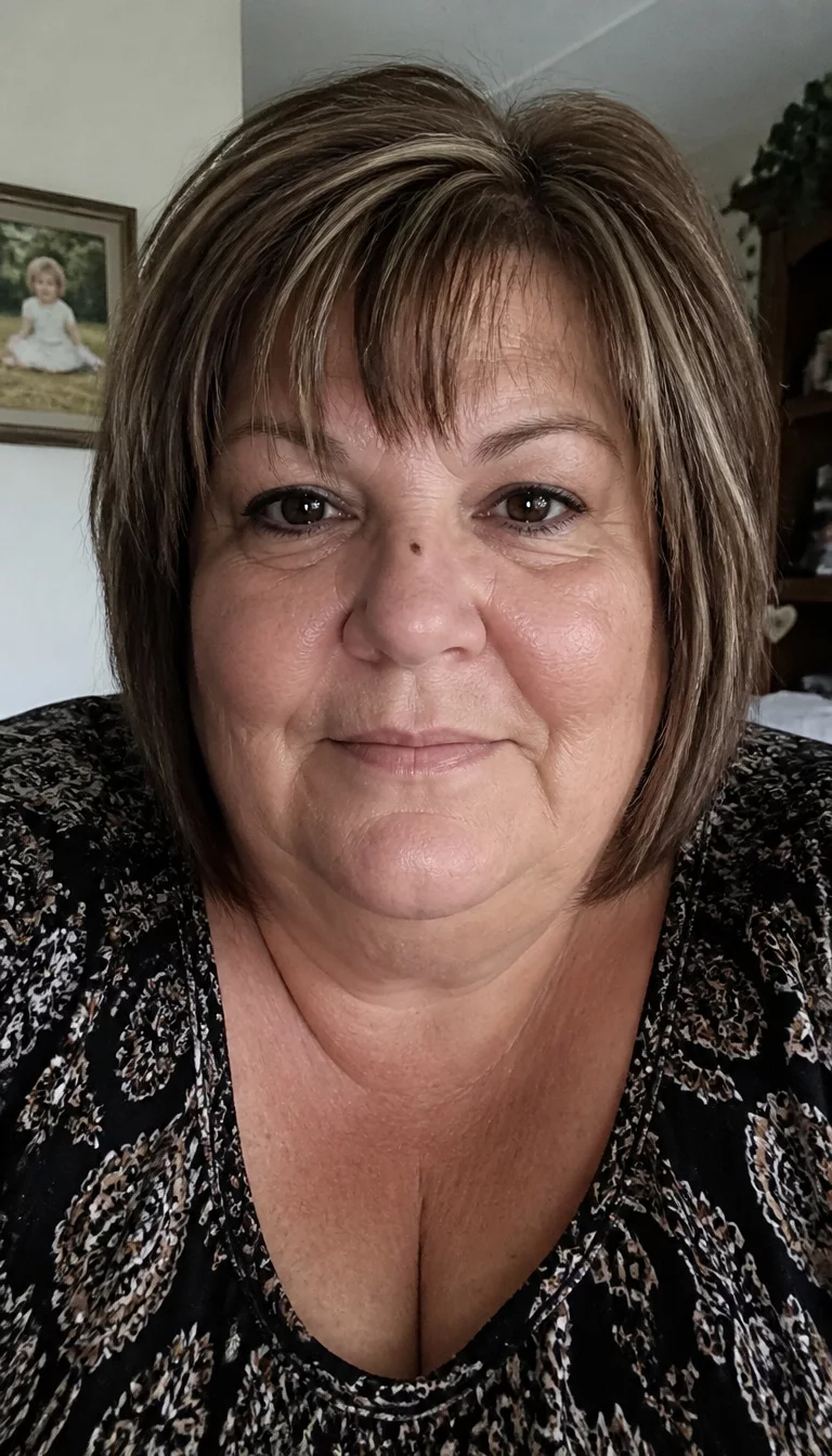 Brown Bob With Sun Kissed Highlights selfie of a 54-year-old plus size Caucasian woman with a chubby face and a straight, even nose. The skin is heavily textured with a complex pattern of deep wrinkles around the mouth and a mole on the bridge of the nose. The eyes are brown. She is wearing a dark patterned top with a short, layered brown bob with blonde highlights and bangs, front view, indoor background.