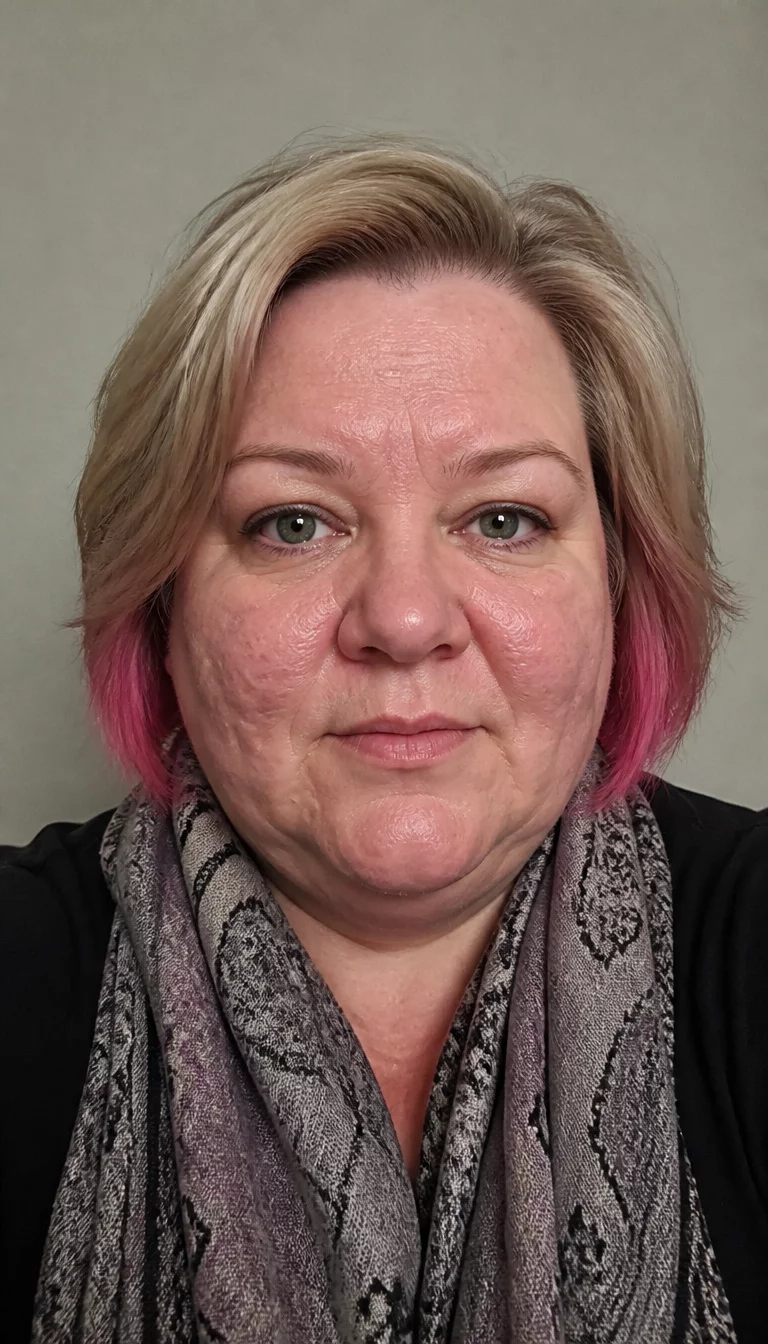 Bobs With A Twist selfie of a 54-year-old plus size Caucasian woman with a chubby face and a broad nose bridge. The skin is heavily textured with a complex pattern of acne scarring on the lower cheeks and a faint horizontal forehead line. The eyes are grey-green. She is wearing a scarf and a dark top with a short blonde bob with pink tips, front view, neutral background.