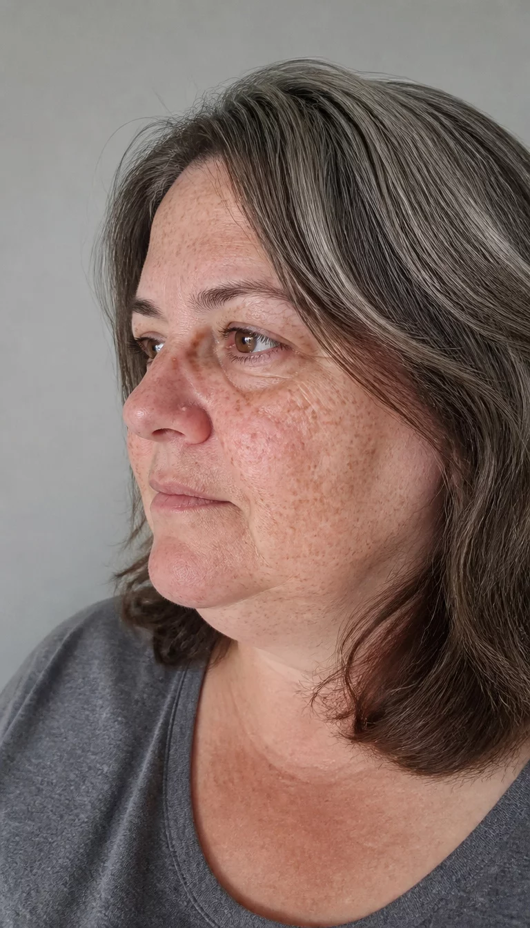 Side Swept Transitional Layers casual photo of a 52-year-old plus size Caucasian woman with a chubby face and a straight nose with a rounded tip. The skin is heavily textured with a complex pattern of freckles and a small bump on the bridge of the nose. The eyes are hazel. She is wearing a grey shirt with medium-length, layered brown and grey hair, side view, grey wall background.