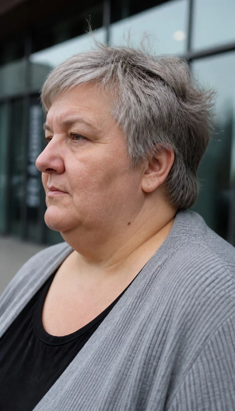 The Effortless Grey Pixie casual photo of a 57-year-old plus size Caucasian woman with a chubby face and a straight, prominent nose. The skin is heavily textured with a complex pattern of enlarged pores on the nose and a small mole near the right jawline. The eyes are hooded grey. She is wearing a grey cardigan over a black top with a short, messy, grey pixie cut, side view, blurred background of a modern building.