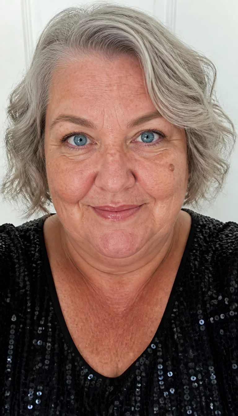 Sequined Glamour Bob selfie of a 53-year-old plus size Caucasian woman with a chubby face and a nose with a small indentation on the bridge. The skin is heavily textured with a complex pattern of sun damage and a mole on the right cheek. The eyes are bright blue. She is wearing a black sequined top with a short, wavy grey bob hairstyle, front view, bright background.