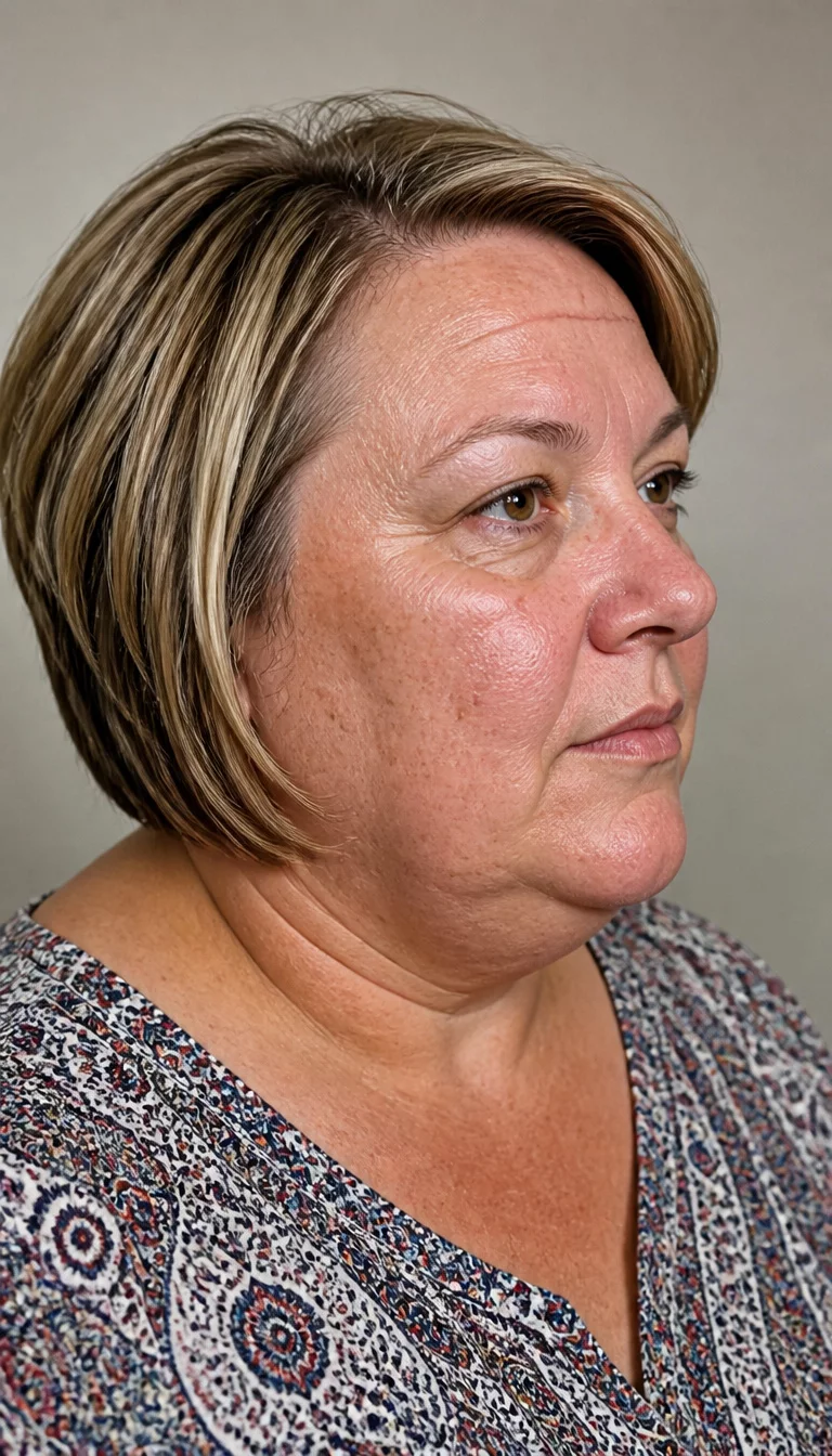 The Stacked Blonde Bob casual photo of a 57-year-old plus size Caucasian woman with a chubby face and a prominent, straight nose. The skin is heavily textured with a complex pattern of large pores and a thin horizontal scar across the forehead. The eyes are light brown. She is wearing a patterned top with a short, stacked, blonde bob with subtle highlights, side view, neutral background.