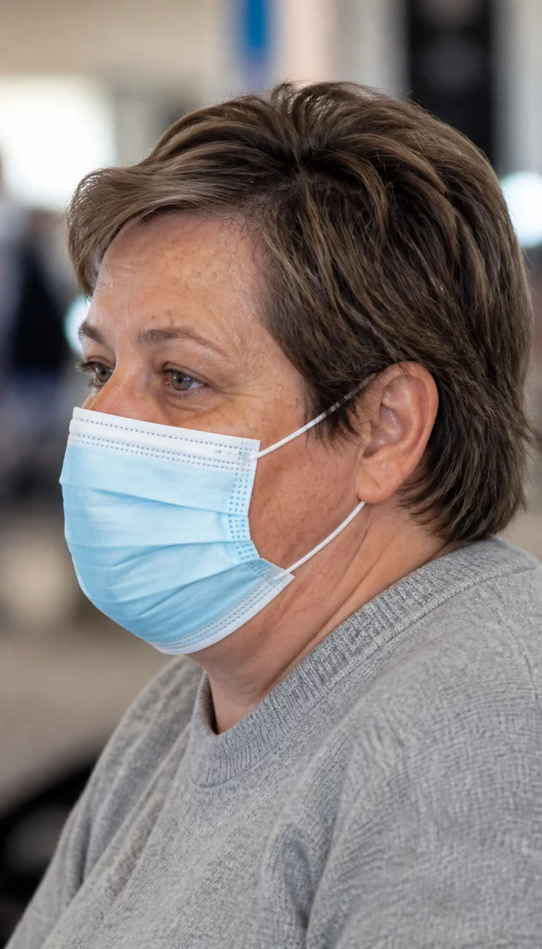 The Choppy Grey Sweeper casual photo of a 59-year-old plus size Caucasian woman with a chubby face and a nose with a slightly prominent bridge. The skin is heavily textured with a complex pattern of age spots and a small scar on the right eyebrow. The eyes are grey. She is wearing a grey sweater and a light blue face mask with a choppy, layered brown and grey haircut, side view, blurred background.