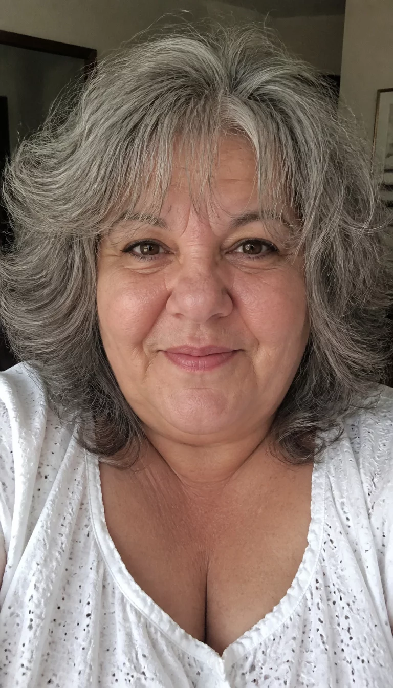 The Voluminous Shag selfie of a 56-year-old plus size Caucasian woman with a chubby face and a nose with a slightly flat bridge. The skin is heavily textured with a complex pattern of deep laugh lines and a faint scar above the lip. The eyes are dark brown. She is wearing a white eyelet top with a voluminous, wavy, grey shag haircut, front view, indoor background.