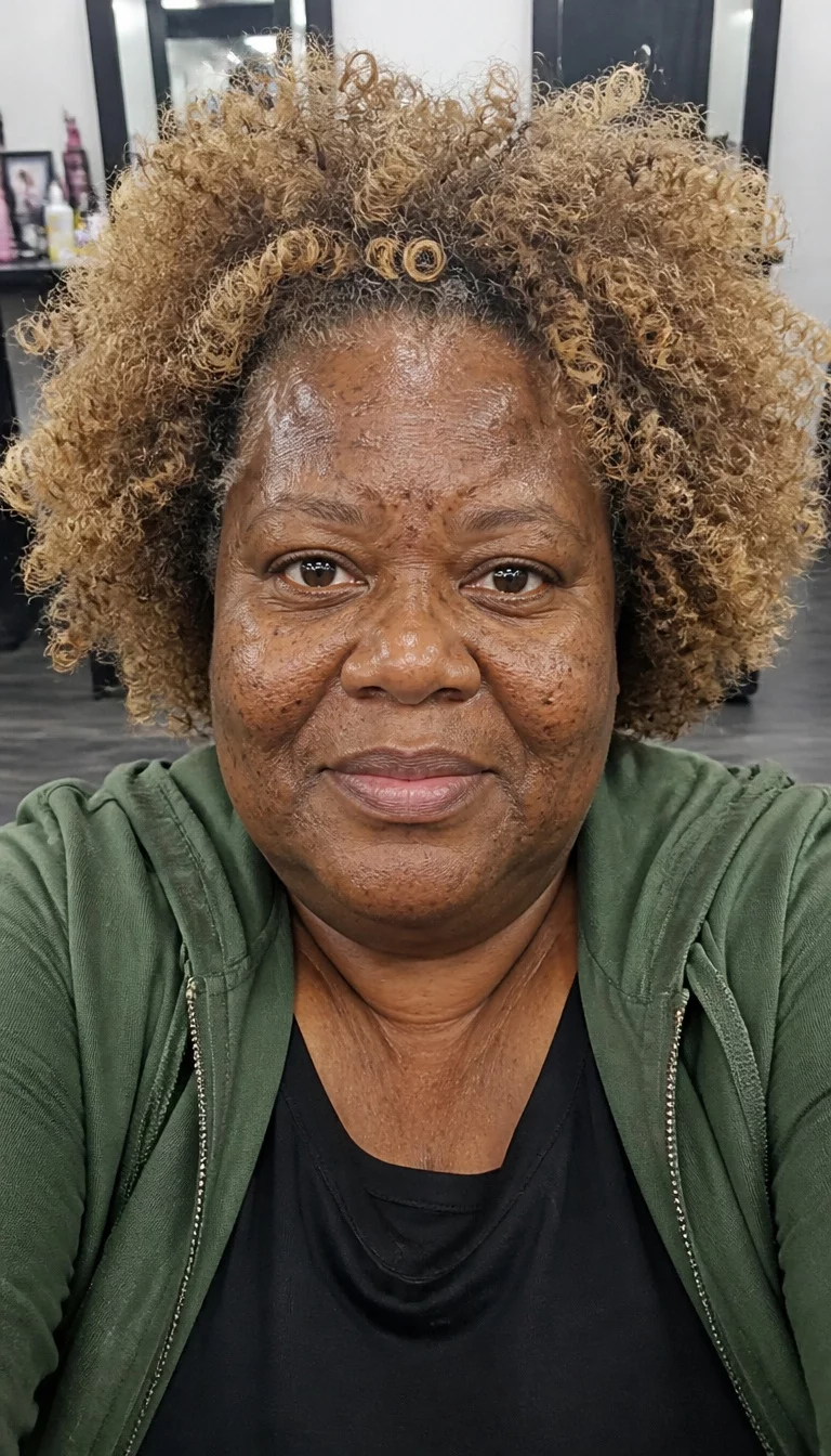 Voluminous Honey Afro selfie of a 58-year-old plus size Black woman with a chubby face and a wide, flat nose. The skin is heavily textured with a complex pattern of dark spots from sun exposure and a thin scar near the hairline. The eyes are dark brown and round. She is wearing a green jacket over a black top with a voluminous, curly, blonde and brown afro, front view, salon-like setting.