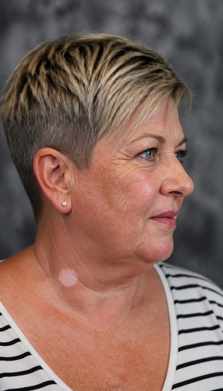 The Versatile Pixie With Undercut casual photo of a 56-year-old plus size Caucasian woman with a chubby face and a sharp, pointed nose. The skin is heavily textured with a complex pattern of crow's feet and a small white patch of vitiligo on the neck. The eyes are piercing blue. She is wearing a striped shirt with a short, layered blonde and grey pixie cut with an undercut, side view, blurred studio background.