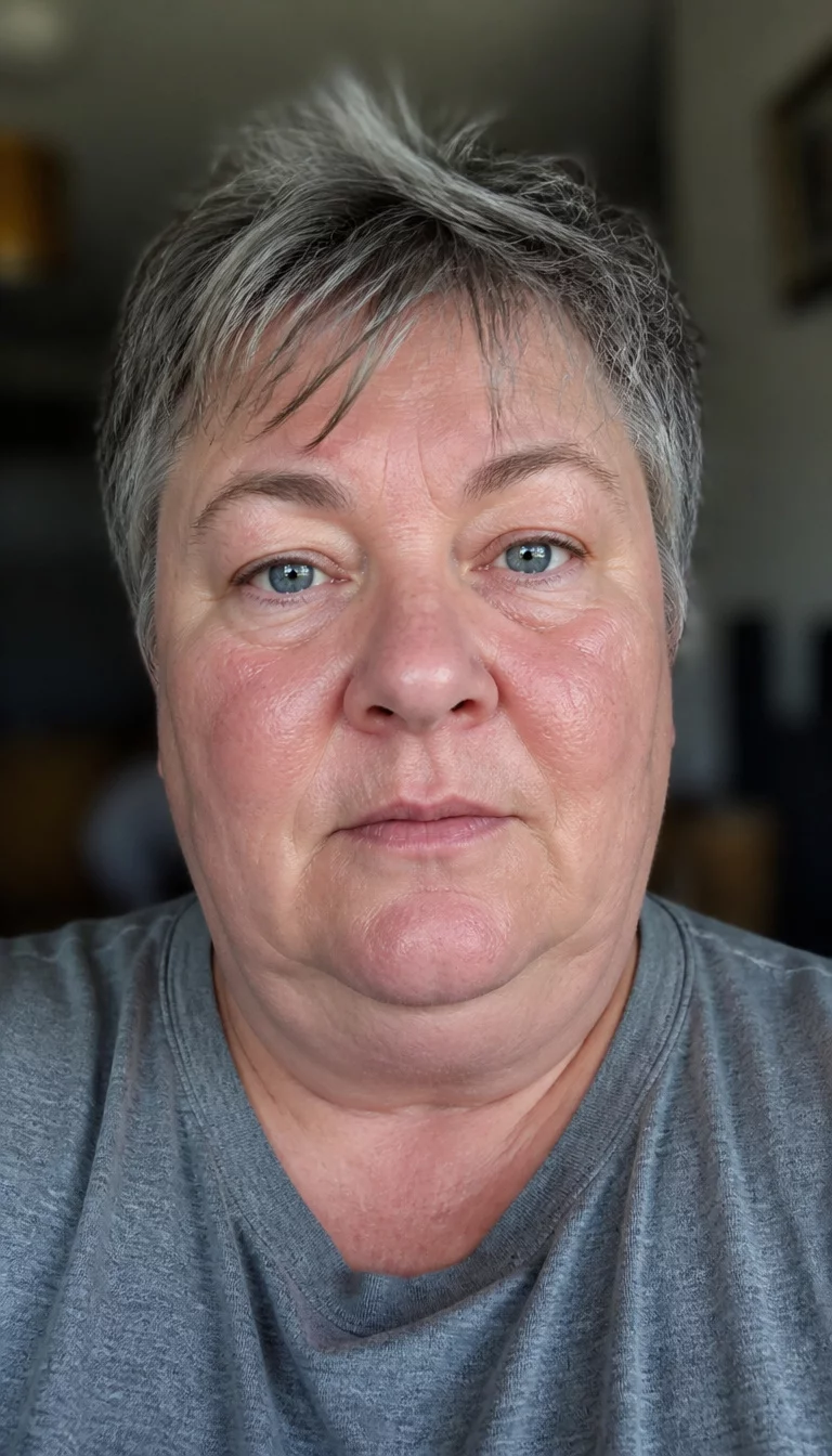 The Silver Shag selfie of a 55-year-old plus size Caucasian woman with a chubby face and a nose with slightly wide nostrils. The skin is heavily textured with a complex pattern of deep set pores and a vertical scar on the right cheek. The eyes are pale blue. She is wearing a grey shirt with a short, messy, grey pixie cut, front view, blurred background.