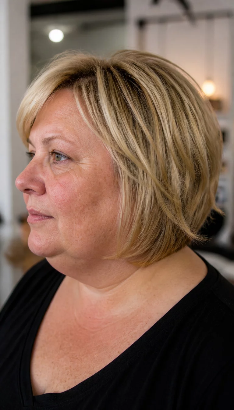 The Polished Side View casual photo of a 55-year-old plus size Caucasian woman with a chubby face and a slightly wide nose. The skin is heavily textured with a complex pattern of freckles and a small scar near the temple. The eyes are hazel. She is wearing a black top with a short, layered blonde bob haircut, side view, blurred background.
