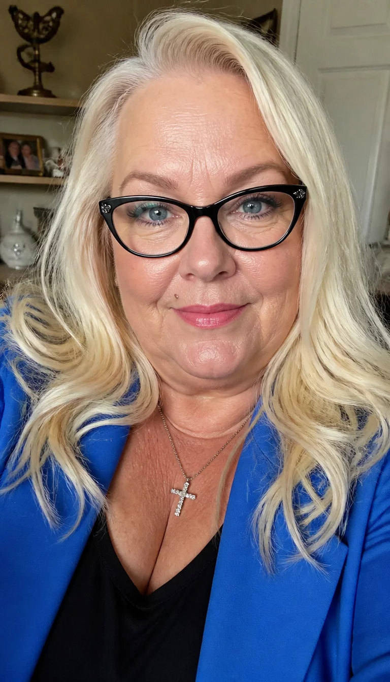 Platinum Waves and Cat Eyes selfie of a 52-year-old plus size Caucasian woman with a chubby face and a delicate, straight nose. The skin is heavily textured with a complex pattern of fine lines and a small mole above the lip. The eyes are blue. She is wearing cat-eye glasses, a blue blazer, and a cross necklace with striking platinum blonde hair styled in soft waves, front view, indoor background.