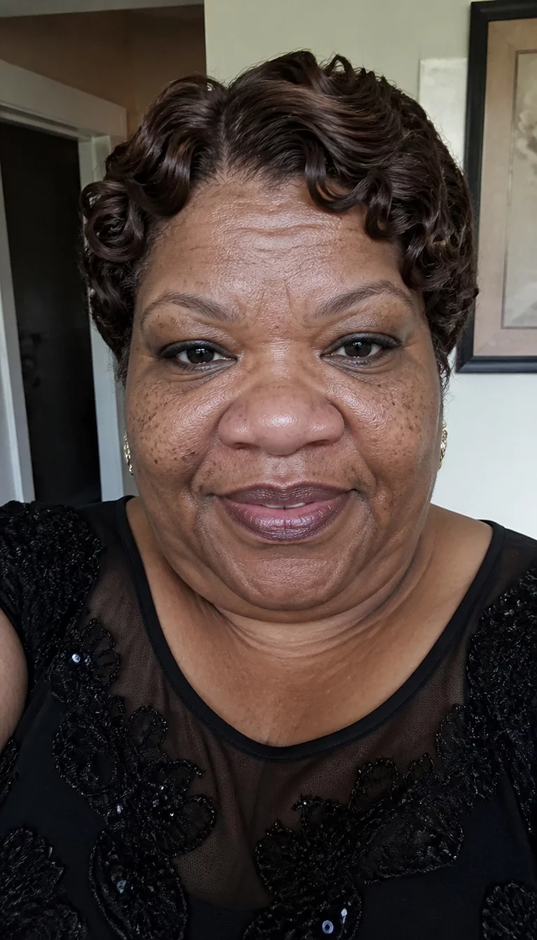 Vintage Finger Waves selfie of a 50-year-old plus size Black woman with a chubby face and a wide, flat nose. The skin is heavily textured with a complex pattern of dark spots and a faint scar on the cheek. The eyes are dark brown. She is wearing a black formal dress with short, curly, dark brown hair styled in finger waves, front view, indoor background.