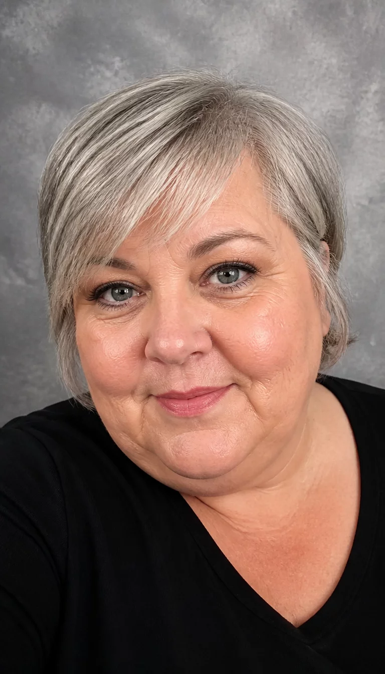 Sleek Silver Bob With Bangs selfie of a 58-year-old plus size Caucasian woman with a chubby face and a delicate, short nose. The skin is heavily textured with a complex pattern of fine lines around the eyes and a small age spot near the jaw. The eyes are grey. She is wearing a black top with a short, silvery-grey bob hairstyle with side-swept bangs, front view, studio background.