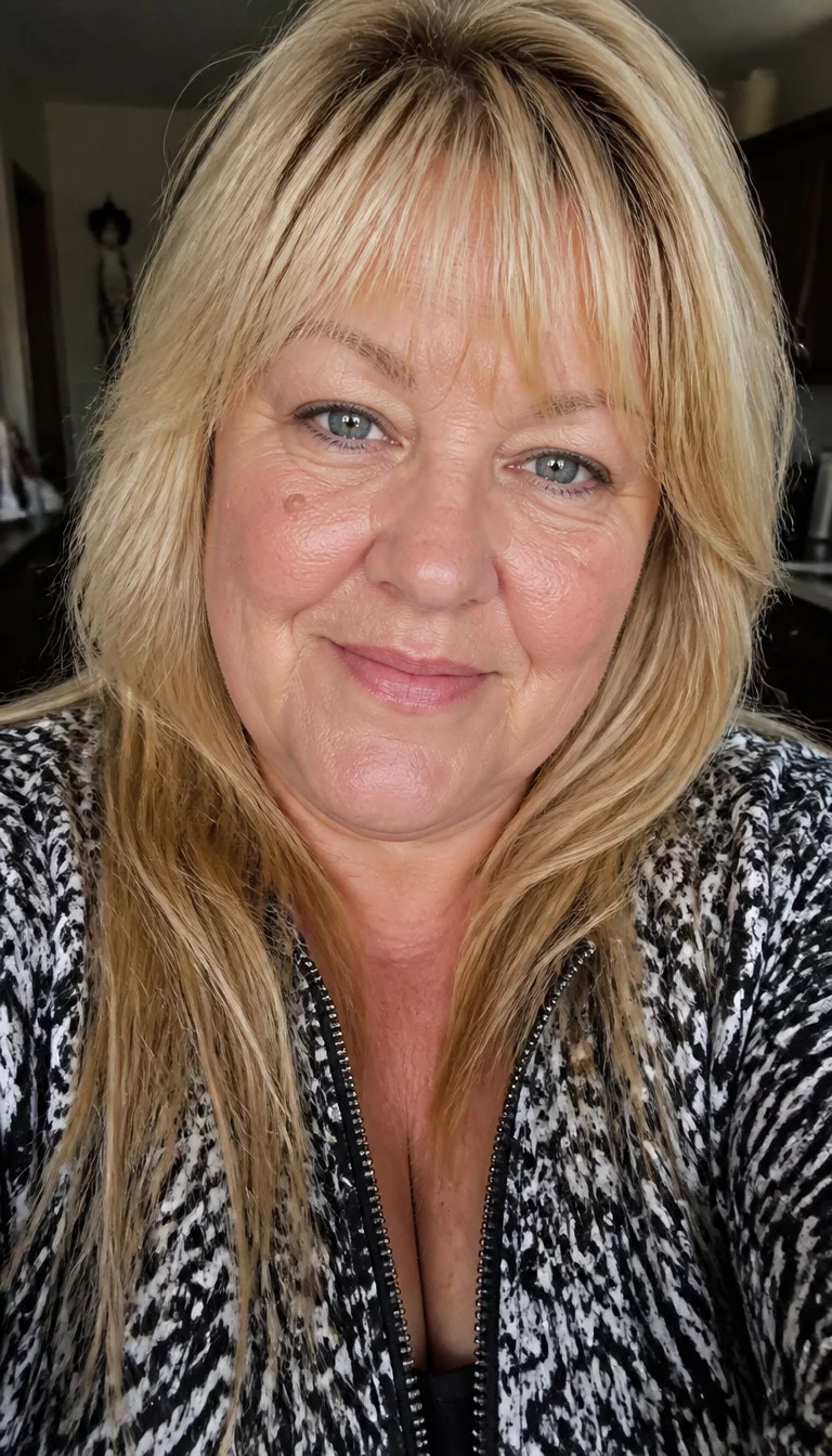 Feathered Blonde Layers selfie of a 51-year-old plus size Caucasian woman with a chubby face and a nose with a slightly rounded tip. The skin is heavily textured with a complex pattern of fine lines and a small birthmark on the left cheek. The eyes are blue. She is wearing a black and white patterned jacket with long, blonde hair styled with feathered bangs and layers, front view, indoor background.
