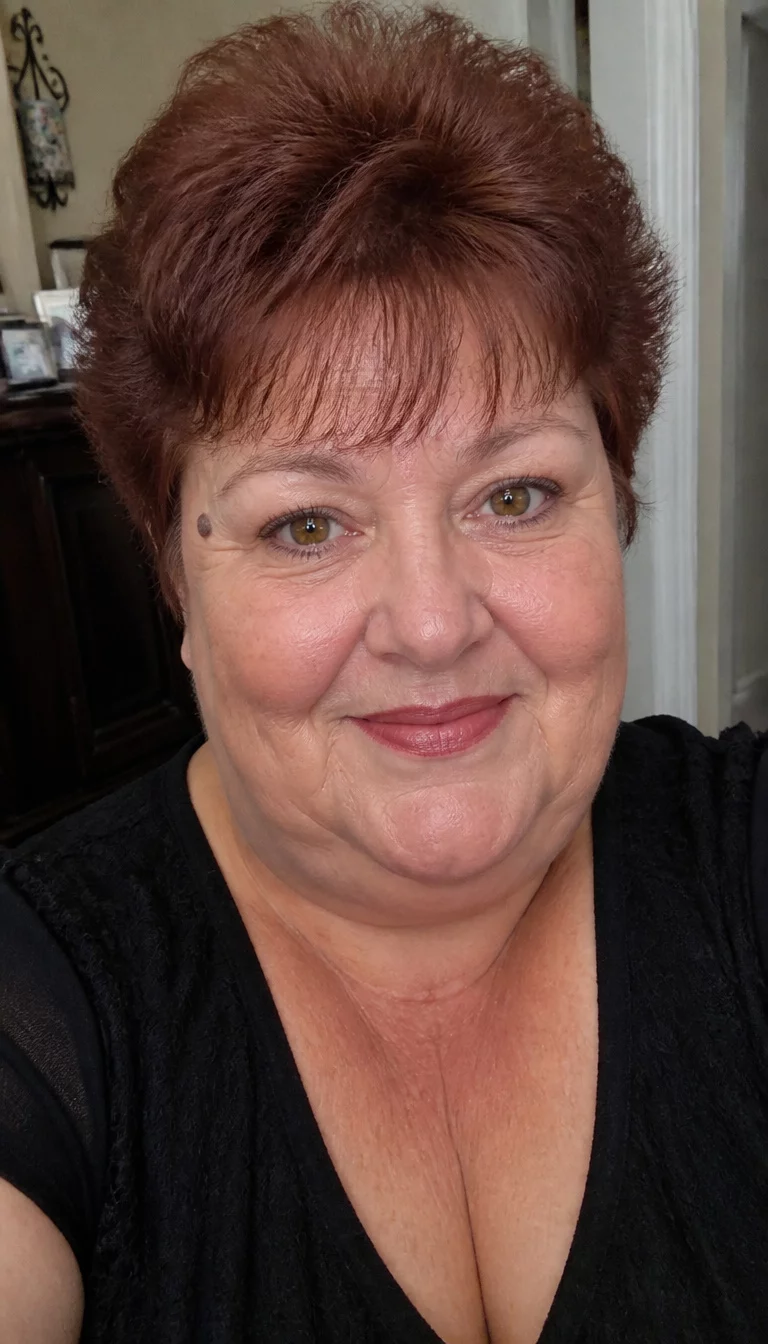 Textured Auburn Crop selfie of a 59-year-old plus size Caucasian woman with a chubby face and a slightly upturned nose. The skin is heavily textured with a complex pattern of fine wrinkles across the cheeks and a dark mole on the left temple. The eyes are amber. She is wearing a black dress with a short, textured, reddish-brown hairstyle, front view, indoor background.