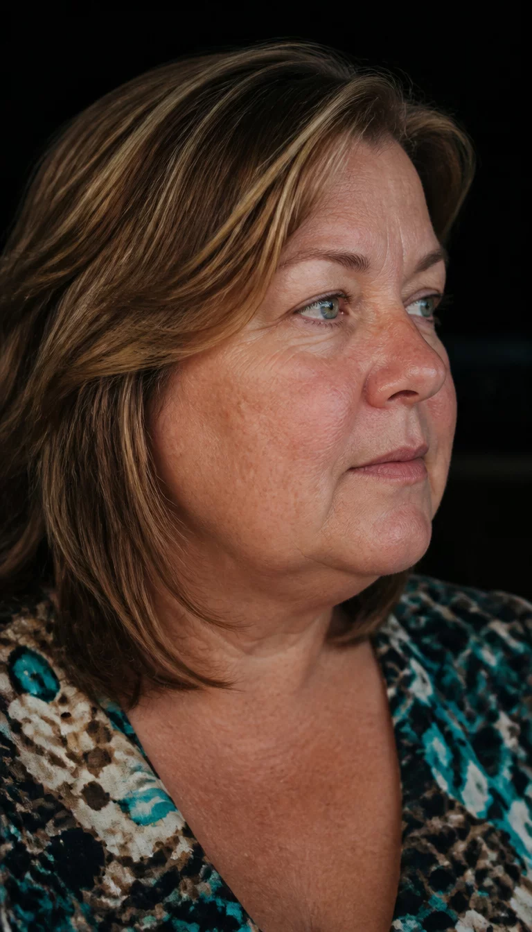 casual photo of a 54-year-old plus size Caucasian woman with a chubby face and a slightly rounded nose. The skin is heavily textured with a complex pattern of faint sunspots on the cheeks and a shallow vertical wrinkle between the eyebrows. The eyes are almond shaped blue. She is wearing a patterned top with a layered bob hairdryer featuring brown and blonde highlights, side view, dark background.