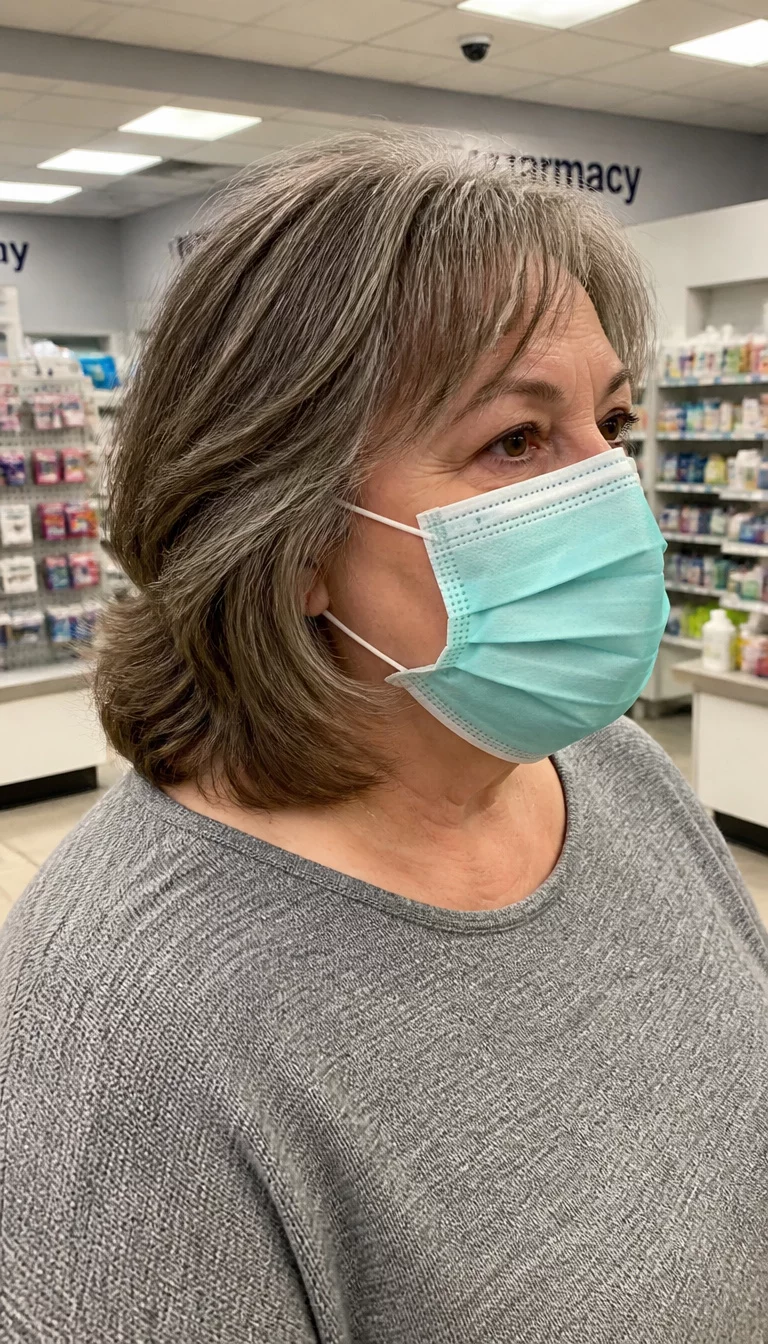 Mint Mask And Layered Tones casual photo of a 68-year-old plus size Caucasian woman with a chubby face and straight nose. Her face skin has delicate aged texture. The eyes are brown. She is wearing a mint green face mask and a grey sweater with a grey and brown layered hair hairstyle, side view, modern pharmacy background.