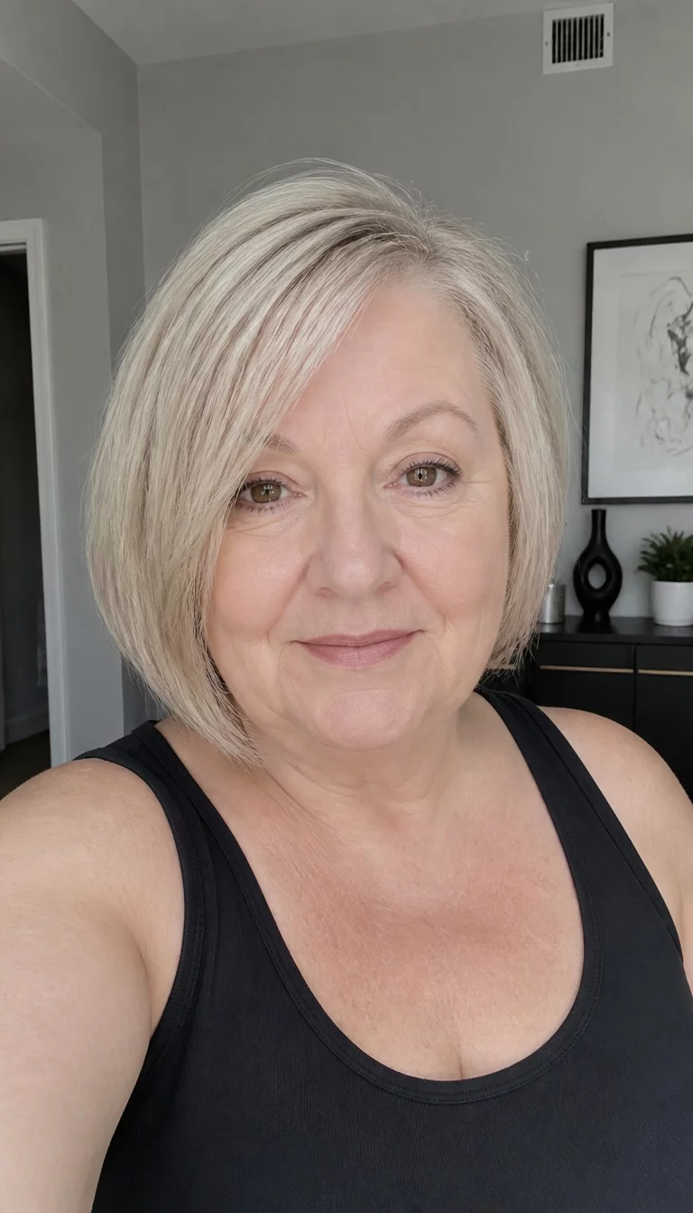 Asymmetric Ash Blonde Bob selfie of a 64-year-old plus size Caucasian woman with a chubby face and straight nose. Her face skin has fair matte texture. The eyes are light brown. She is wearing a dark tank top with an asymmetric ash-blonde bob hairstyle, front view, modern minimalist room background.